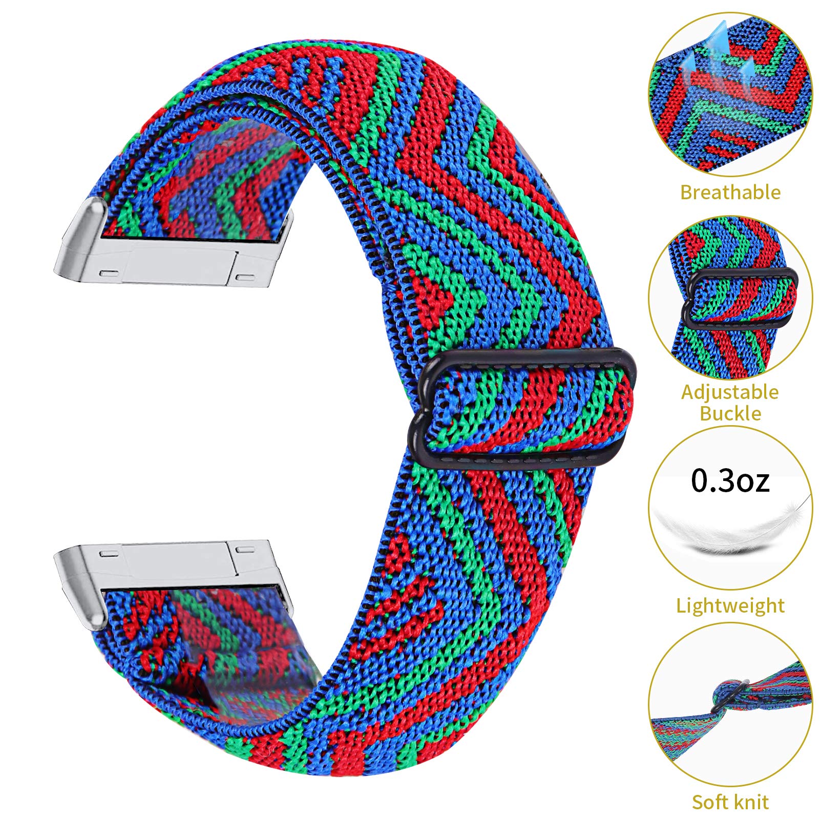 TRISTRAPS Nylon Watch Strap Compatible with Fitbit Versa 3/Sense Strap,Soft Elastic Breathable Replacement Sport Wristbands for Men/Women,18 Colours for Chosen (Blue+green+red) - Image 4