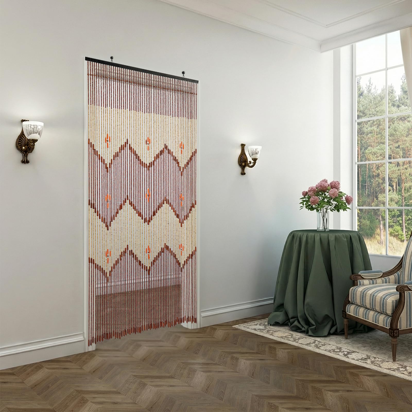 Rideau de Porte en Perles de Bois 90x194 cm, Rideau décoratif bohème rétro avec 60 brins, séparation de pièce pour Porte entrée Salon Chambre Balcon