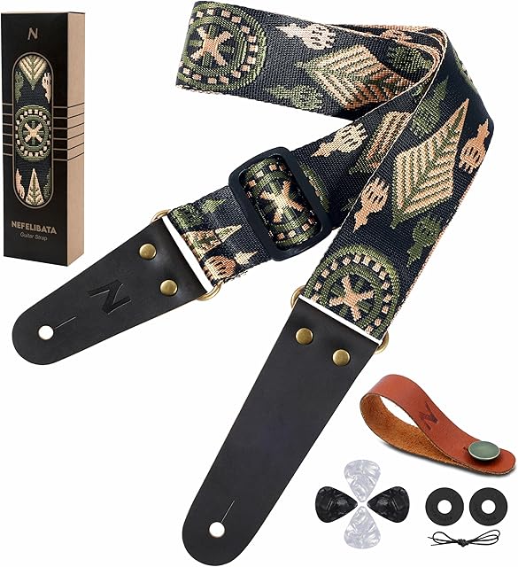 Nefelibata Guitar Strap - Vintage Guitar Straps with Genuine Leather Ends for Bass, Electric & Acoustic Guitar, Best Gifts for Kids, Men & Women Guitarists
