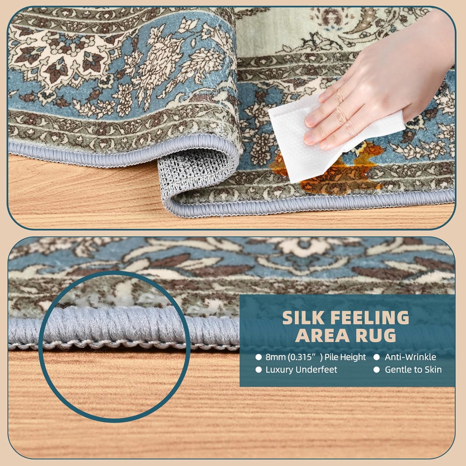 CRUGZ Boho Washable 5x7 Feet Area Rug, Ultra Soft Faux Wool Area Rugs Non-Slip Backing for Bedroom Living Room, Vintage Low Pile Room Decor Carpet (Blue/Cream, 5'x7')