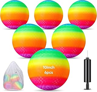 Hanaive 6 Pcs Playground Ball 10 Inch Kickballs Dodgeball Rubber Inflatable Dodgeball with Pump and Storage Bag, Bouncy Dodgeball Balls for Kids Adults Sports Outdoor Games and Activities (Rainbow)