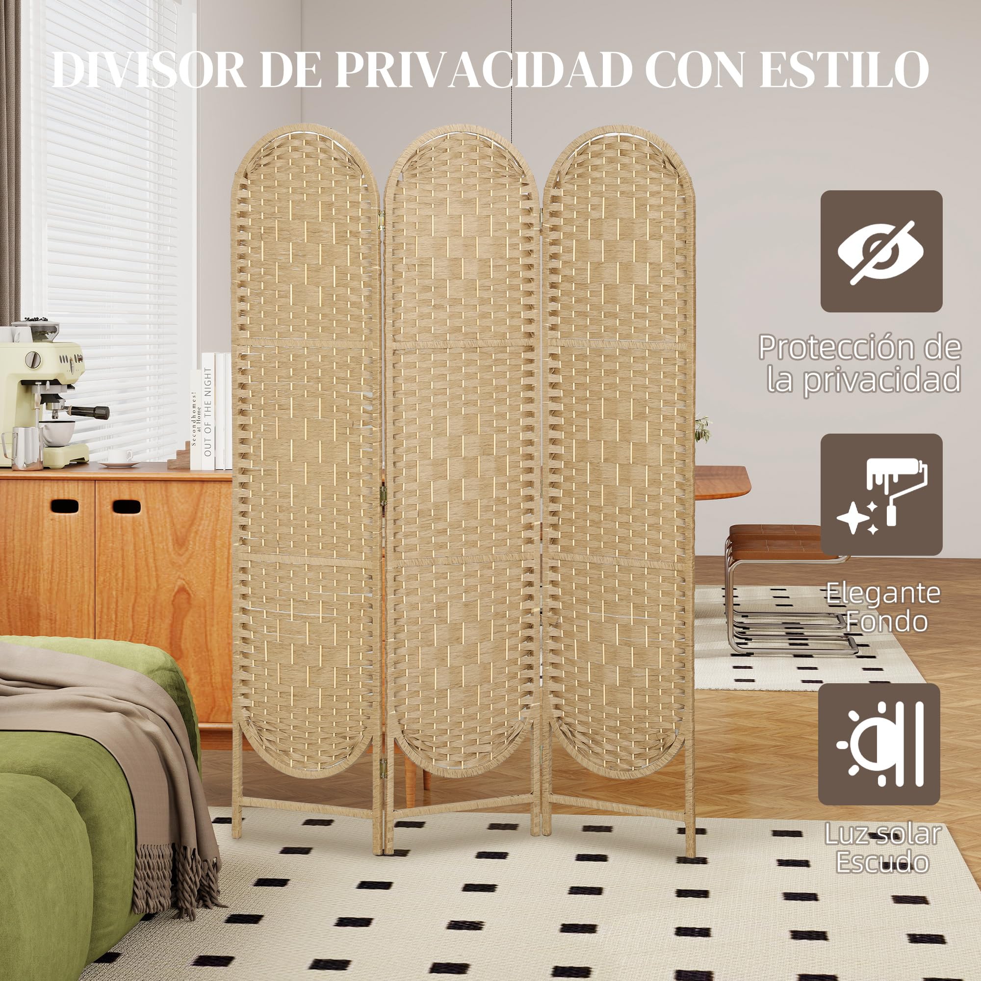 HOMCOM Biombo Separador de Ambientes de 3 Paneles, 120x170 cm, Pantalla de Privacidad Plegable Bohemio, con Parte Superior Arqueada, Tejido a Mano, Divisor Ligero para Oficina, Dormitorio, Natural