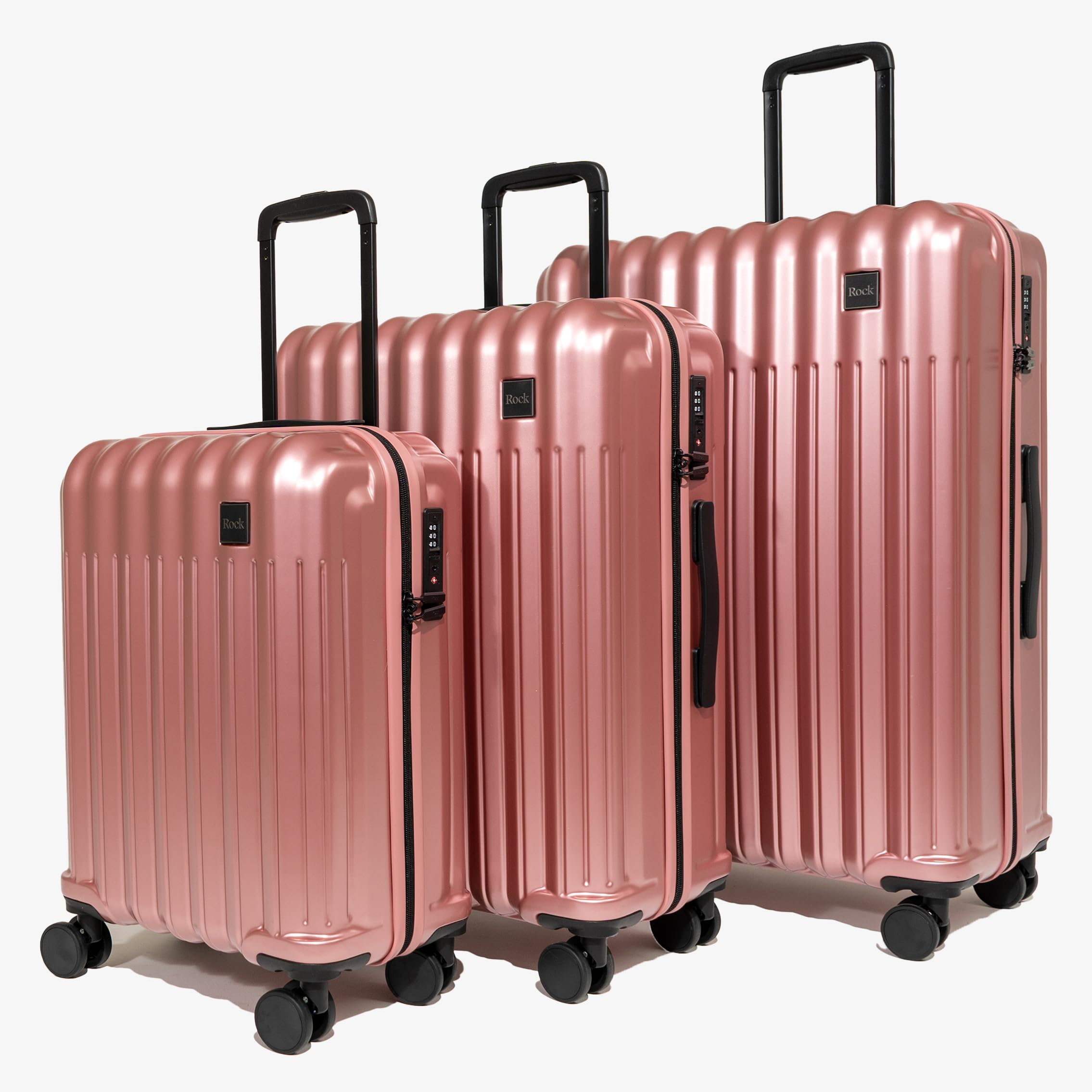 Rock Luna - Maleta pequeña de carcasa rígida en color rosa, funda ligera y duradera de ABS con cerradura TSA, 8 ruedas giratorias y asa telescópica, equipaje metálico a cuadros, 54,5 x 37,5 x 23 cm