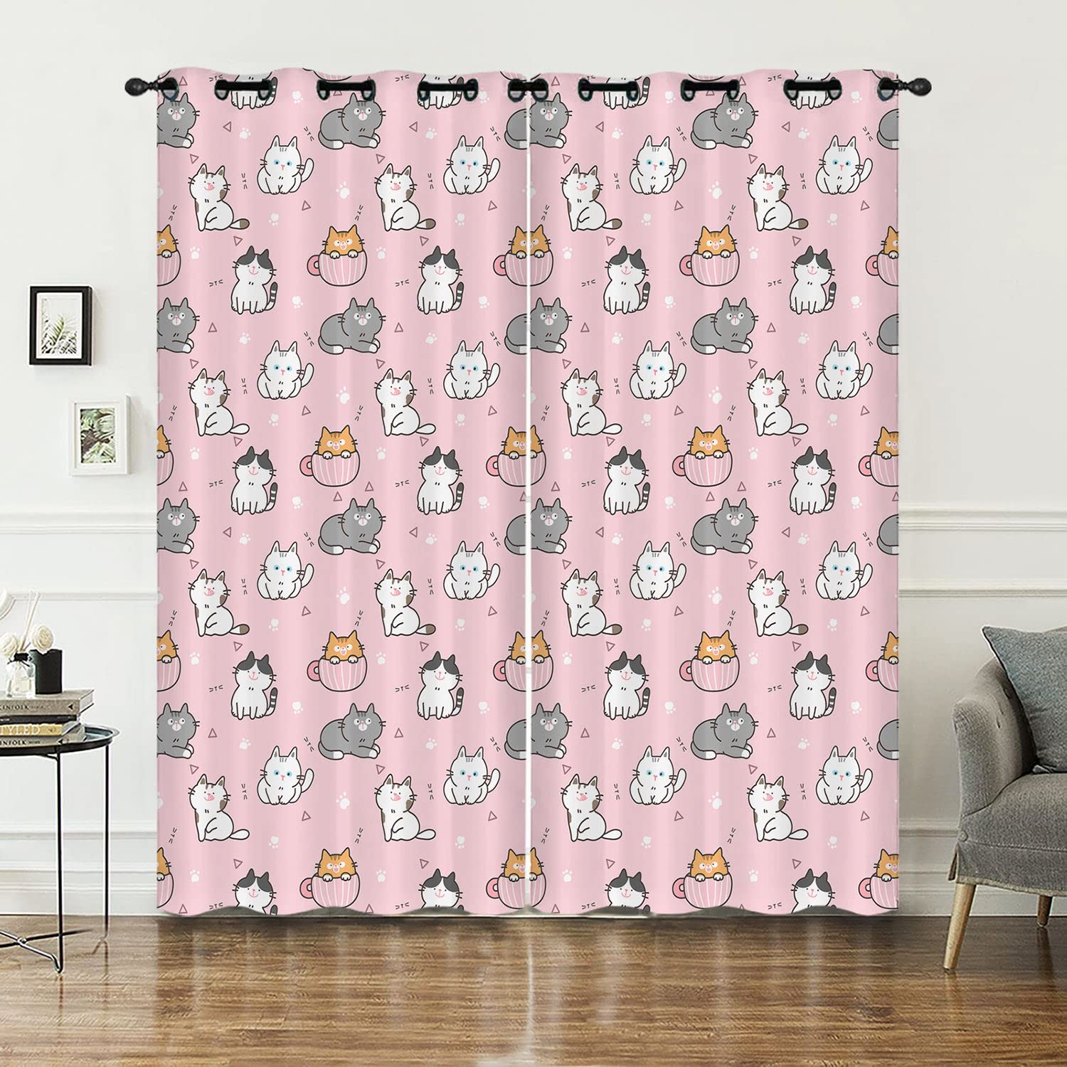 HOSIMA Curtains Blackout Eyelet for Boys and Girls Soft Breathable Pink Cats Print Curtains 2-piece Set Suitable for Young People's Bedroom Living Room Decoration(Pink Cats,168x183)