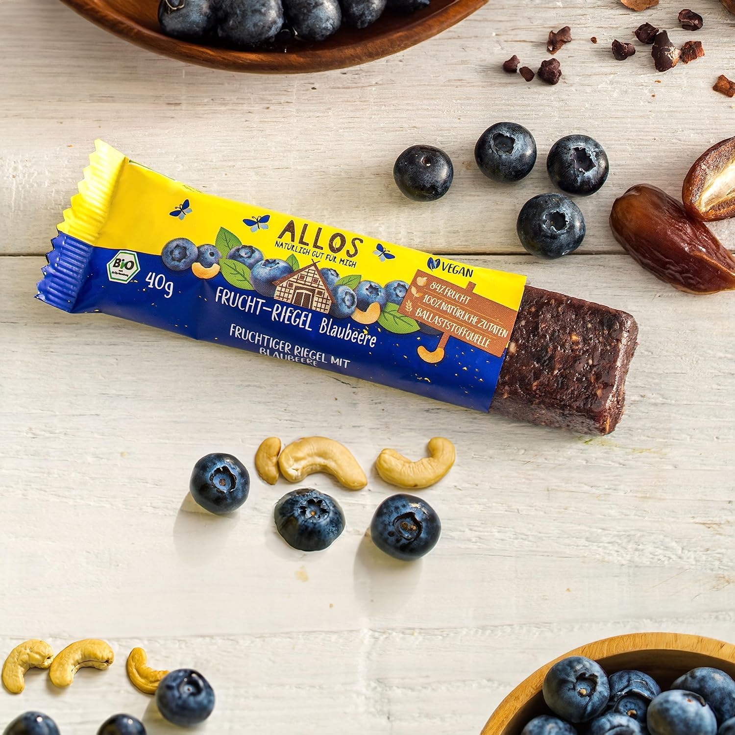 Allos Fruchtriegel Blaubeere | Bio Energieriegel | 25 x 40g | Mit Datteln & Cashews | vegan & glutenfrei | Snack für Schule, Pause & Sport