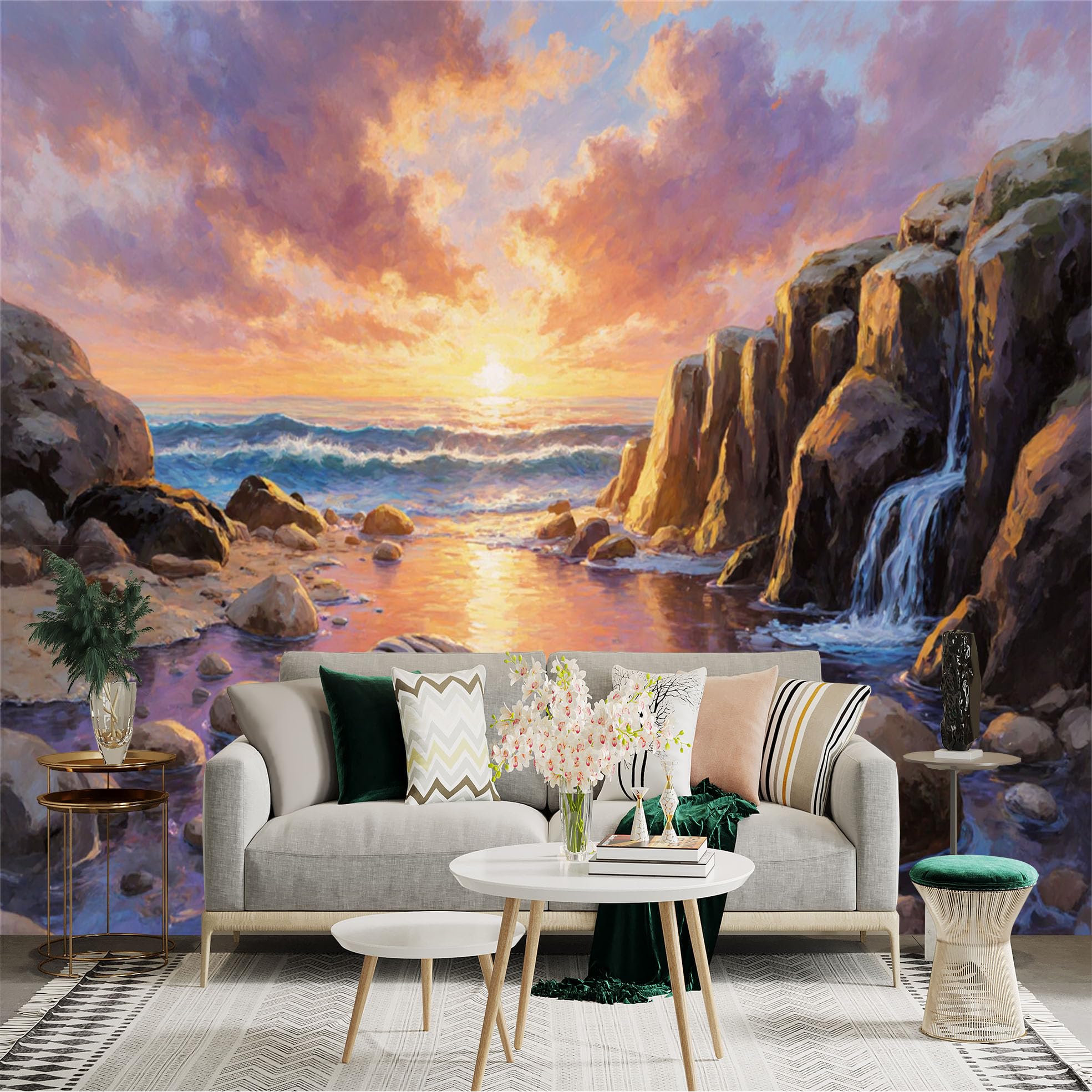 Lnzczhyre Xc260505338 Custom Size Wall Sticker Mural， Golden Sunset Over Coastal Cliff， Small Waterfall Into Ocean， Scenic Seascape Landscape， For Wall Decoration， Peelandstick Wall Decals.