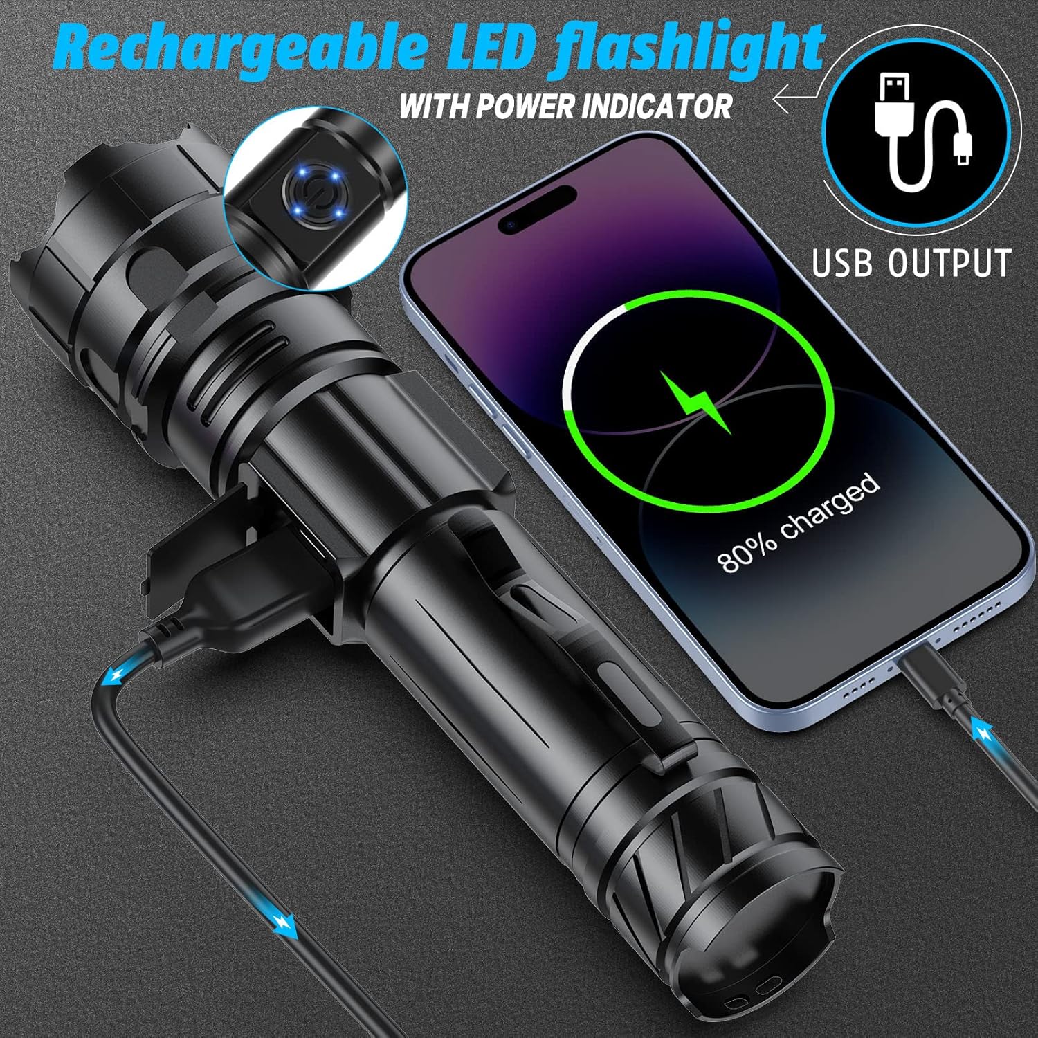 Flashlight connected via USB-C cable, charging a smartphone