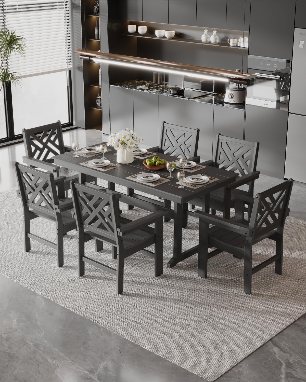 Juego de mesa y sillas de patio HDPE de 7 piezas, juego de comedor de plástico para todo tipo de clima para 6 personas (negro) 8