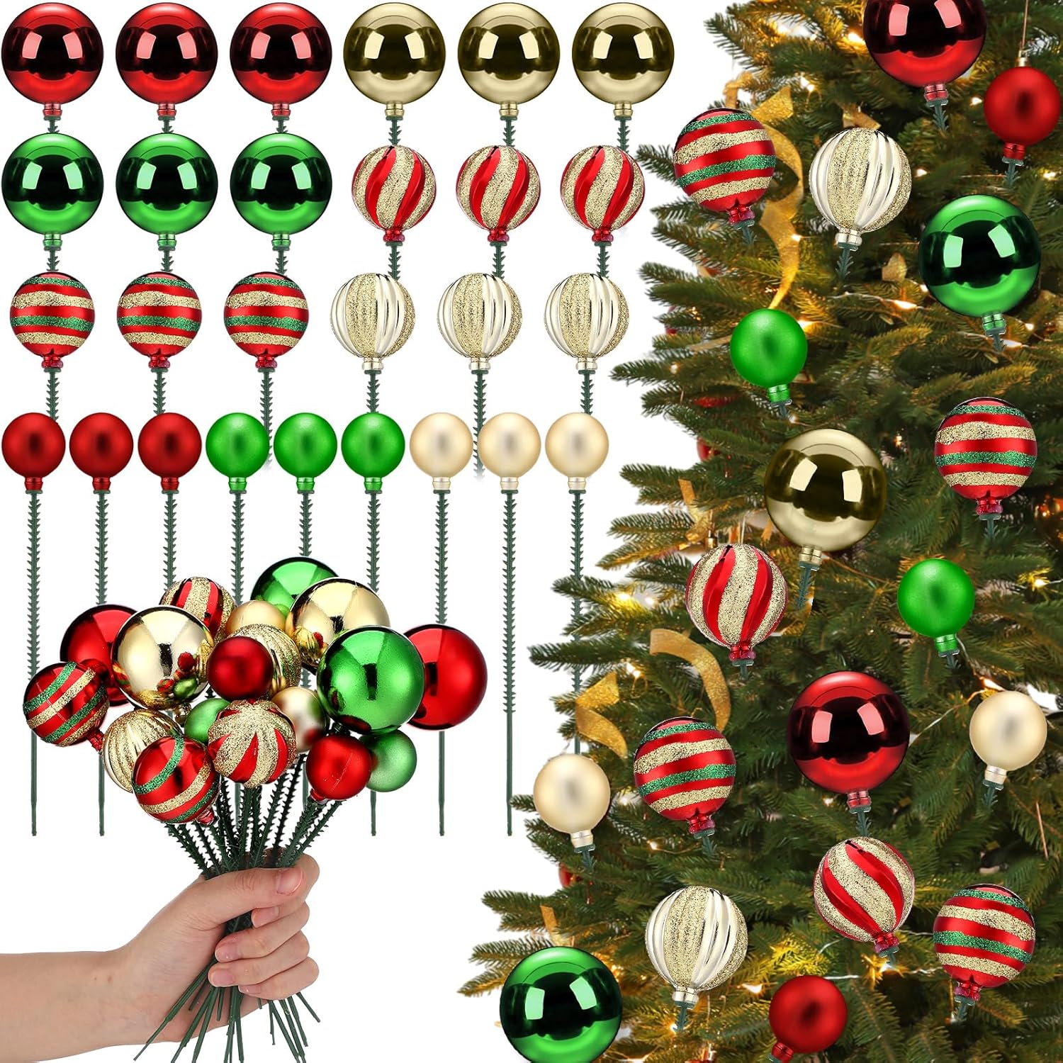 Knitgrip 36 Pcs Christmas Glitter Ball Picks 7.9 Inch Candy Christmas Tree Picks Xmas Ball Ornaments DIY Crafts for Xmas Vase Fillers Wreath Decor(Red, Green, Gold,Classic Style)