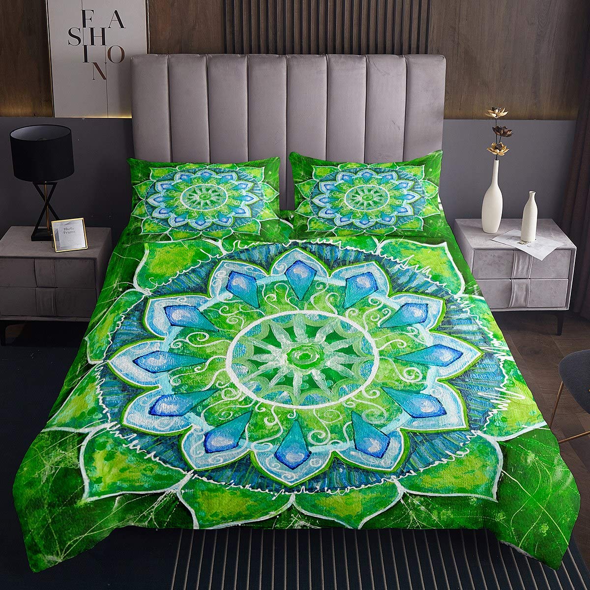 Tbrand Juego de Boho Mandala Estilo Bohemio para niños,niñas,Verde y Azul Hippie Mandala Acolchado,Floral exótica con Hojas botánicas,King