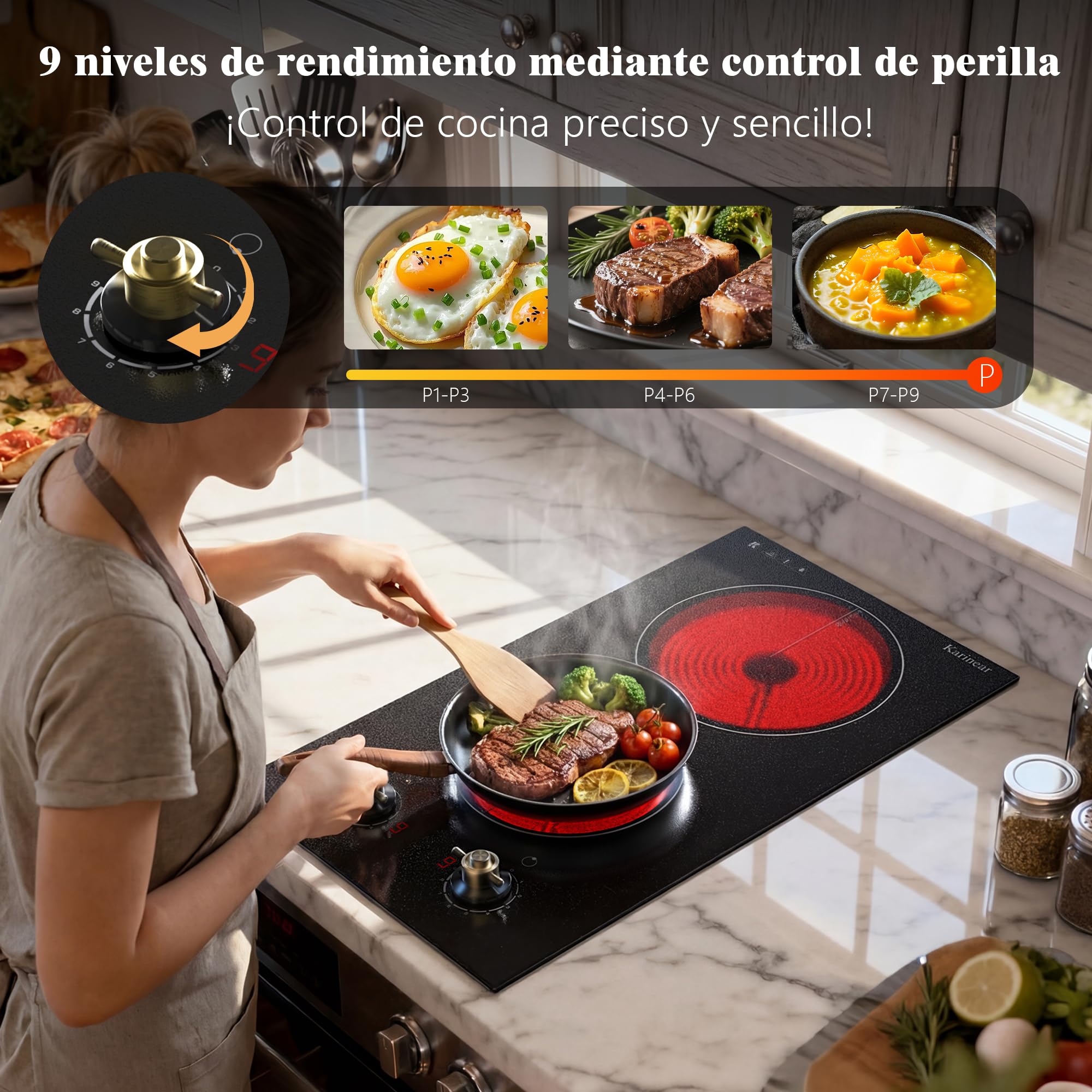 Karinear Placa Vitrocerámica de 2 Fuegos con Enchufe, Vitroceramica con Doble Mando Giratorio, Placa Eléctrica Independiente, Empotrable o Móvil, 220-240 V, 30 CM, 3000 W
