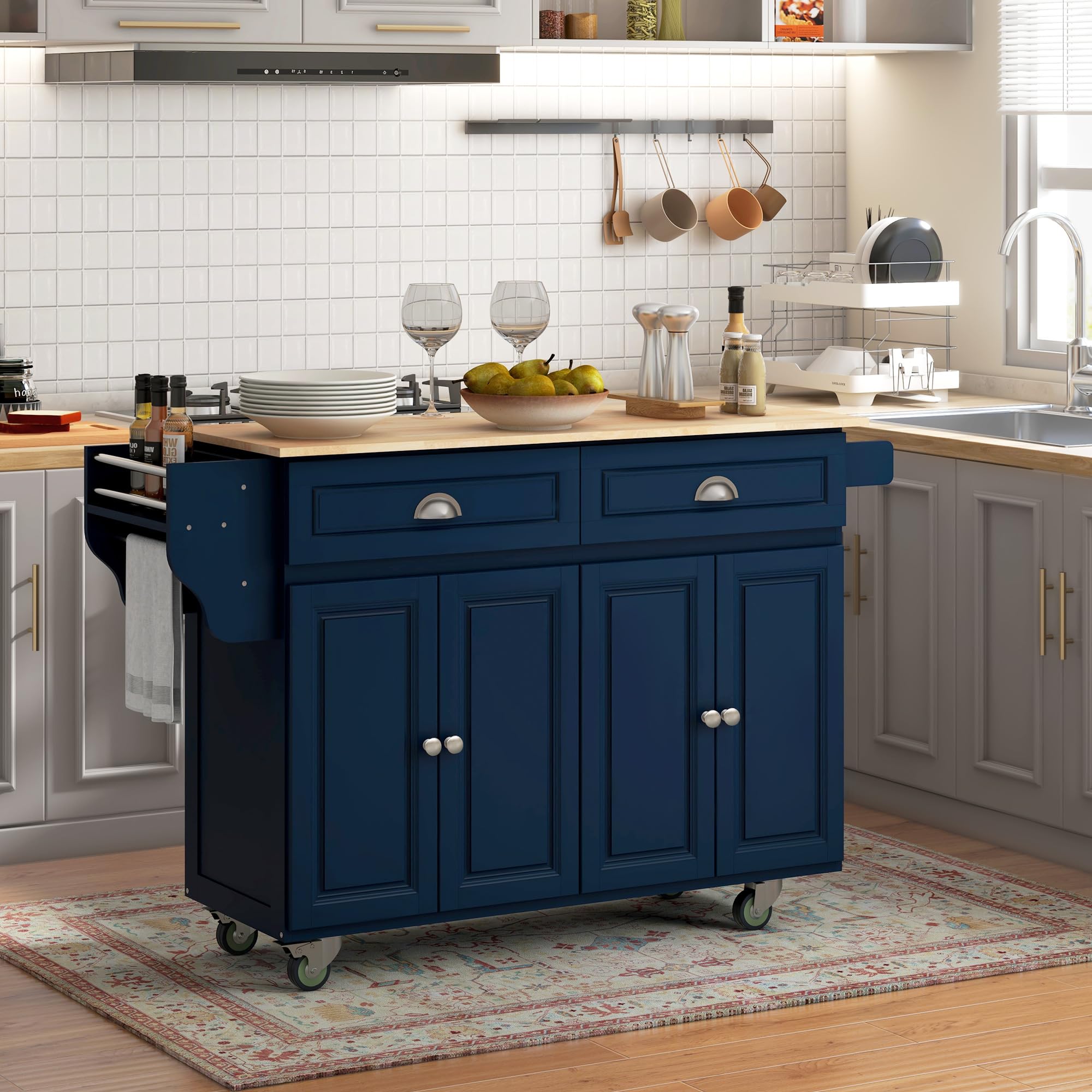 Carrello Carrello portaoggetti moderno con ripiano per isola da cucina da 58" su ruote, nero Carrello Mobile per Bevande