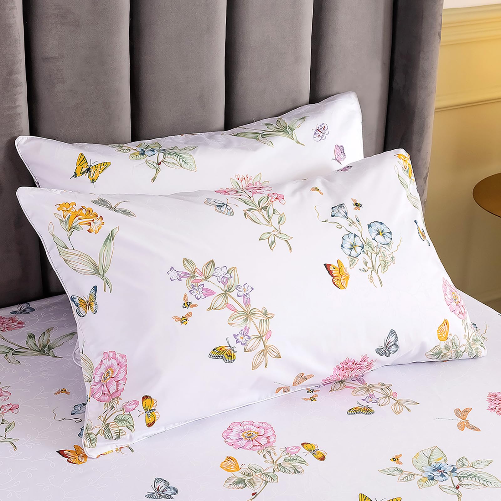 QSH 100% Egyptian Cotton Floral King Pillow Cases Set of 2, Butterfly Flowers Print Pattern Luxury Cotton Bedding King Pillow Shams, Envelope Closure King Pillow Covers (King, 20"x36")
