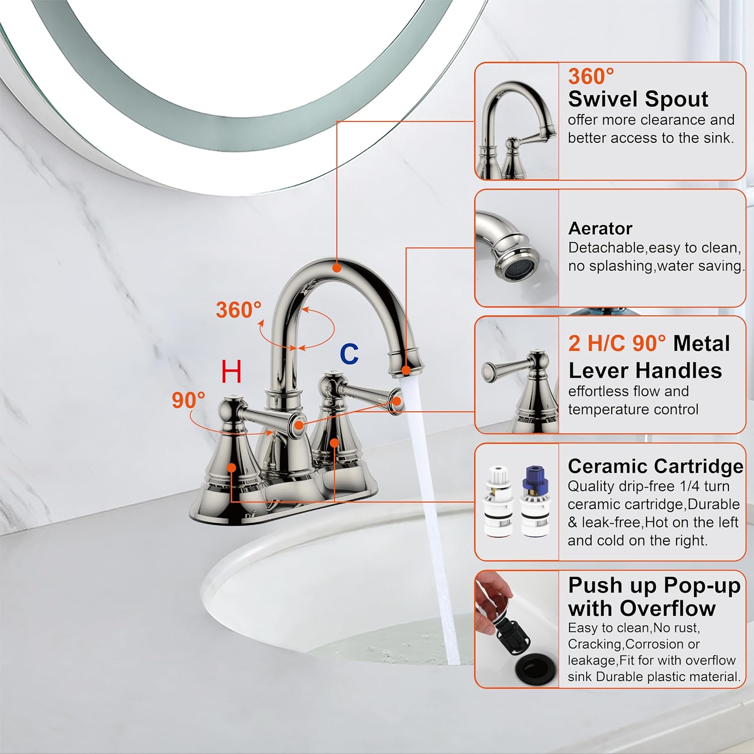 4" Two Handle Lavatory Centerset Faucet,2 Handle Bathroom Faucets for Sink 3 Holes,with Push up Pop-up Drain,Polished Nickel Finish DF-1389-PN, Duttao