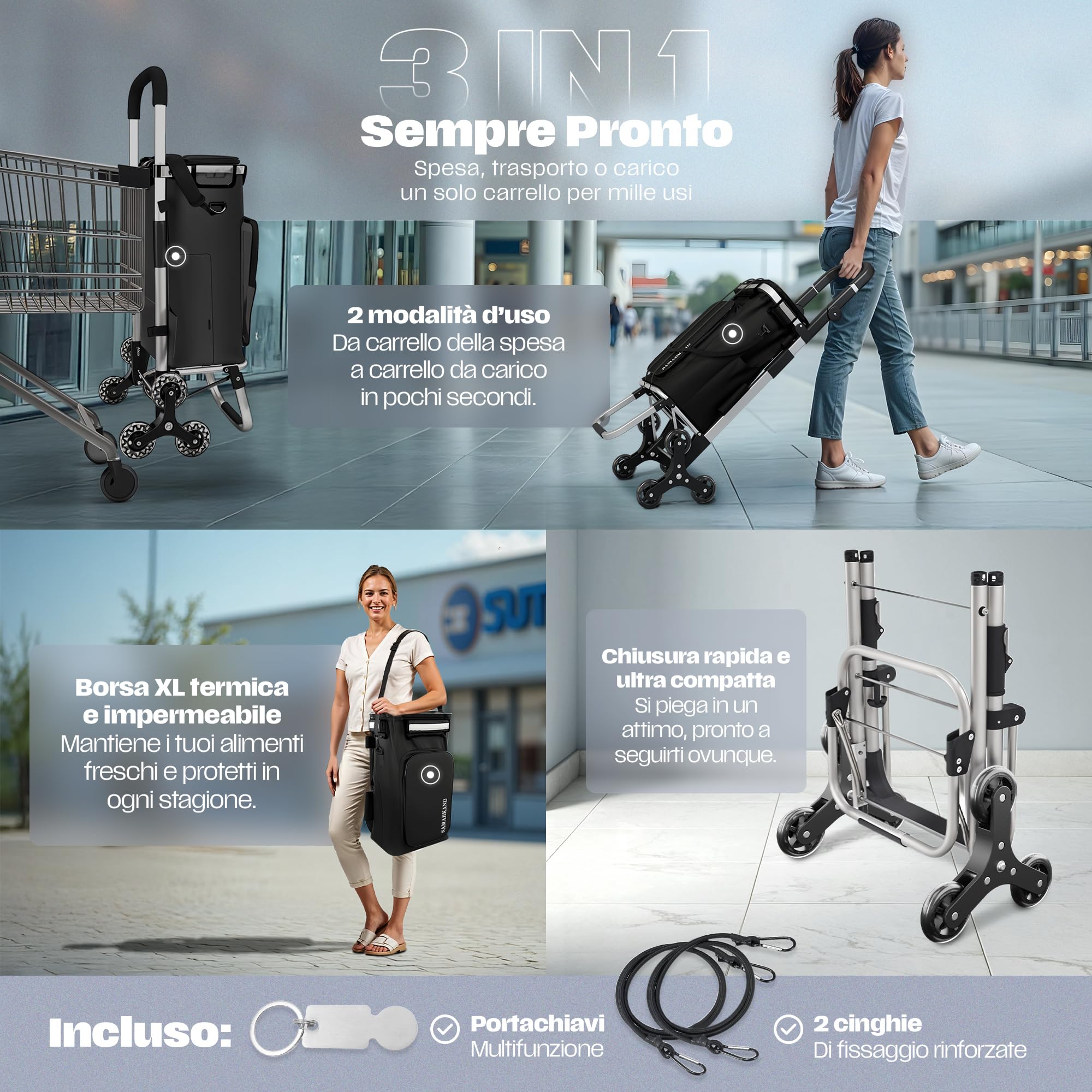 Carrello Spesa 3 Ruote Scale Pieghevole Impermeabile 40kg – Leggero, Resistente, Manico Regolabile - Carrello Portaspesa Termico Per Mercato Trolley Spesa Con Ruote, Carrello Per La Spesa Con Ruote