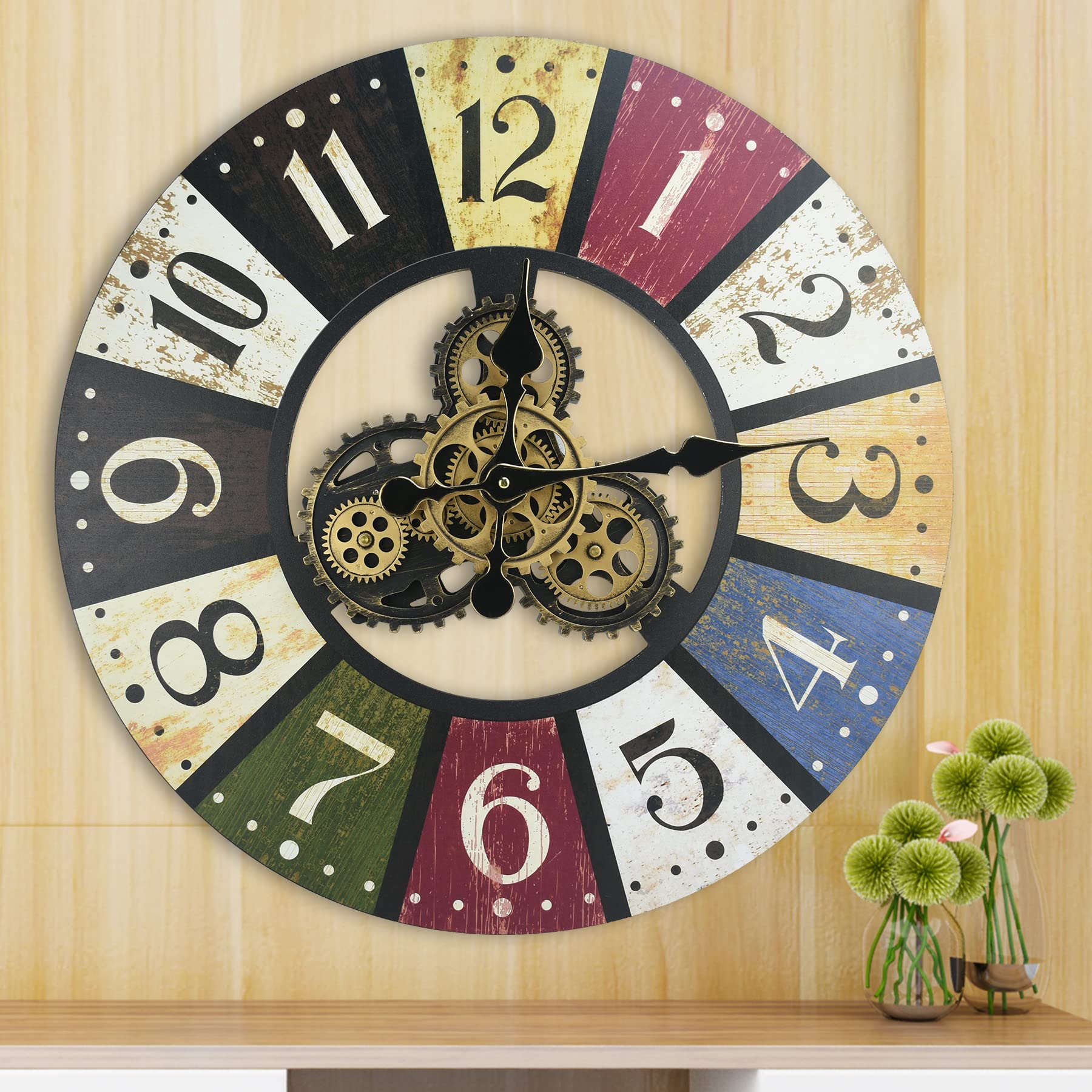 TOKTEKK 24 inch Wooden Large Decorative Wall Clock with Real Moving