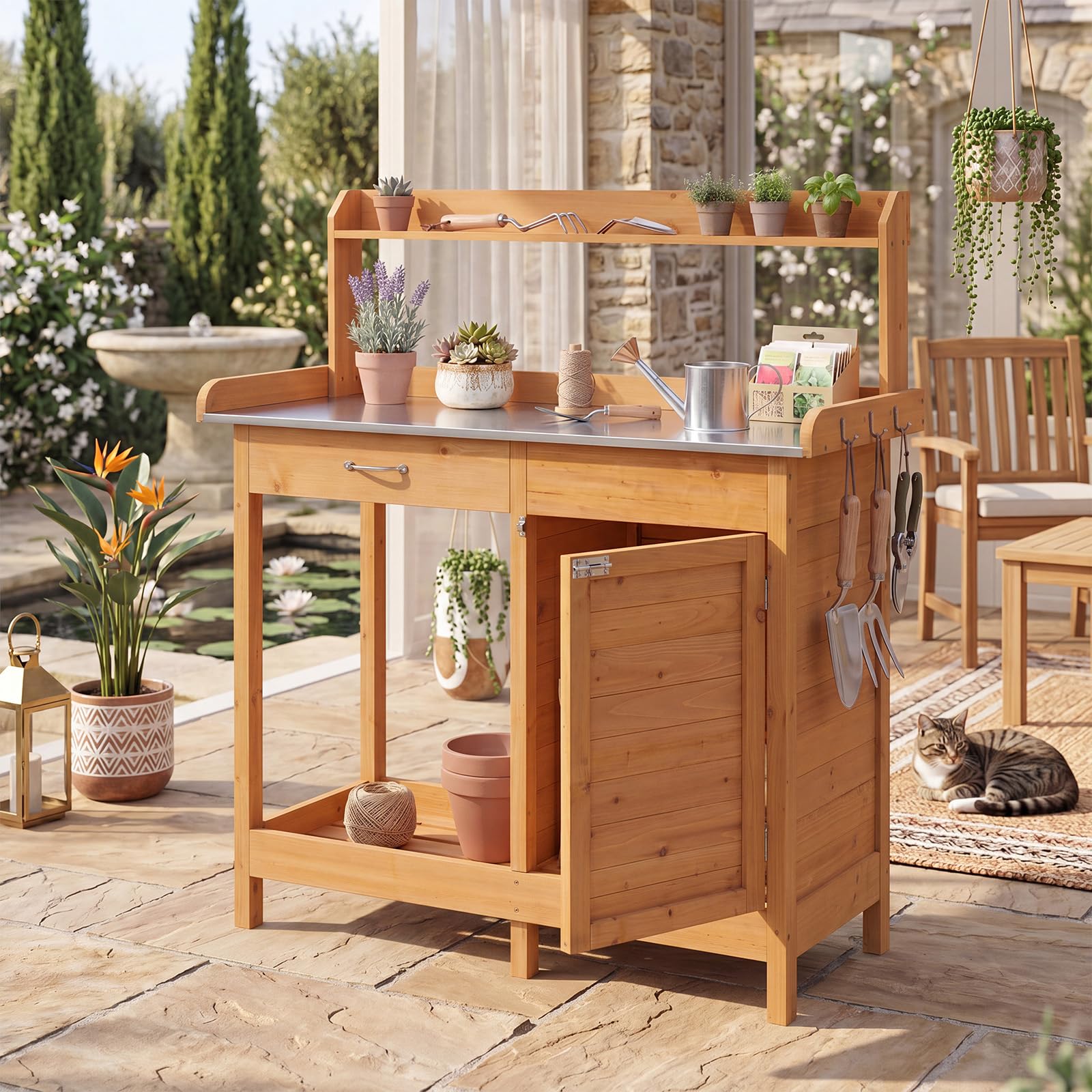 RELAX4LIFE Table de Rempotage en Bois 125CM, Table de Jardinage (Naturel) | avec Plateau Ouvrable en Métal, Étagères Tirroir Armoire Ouverte 3 Crochets, Plan de Travail pour Terrasse Jardin Porche