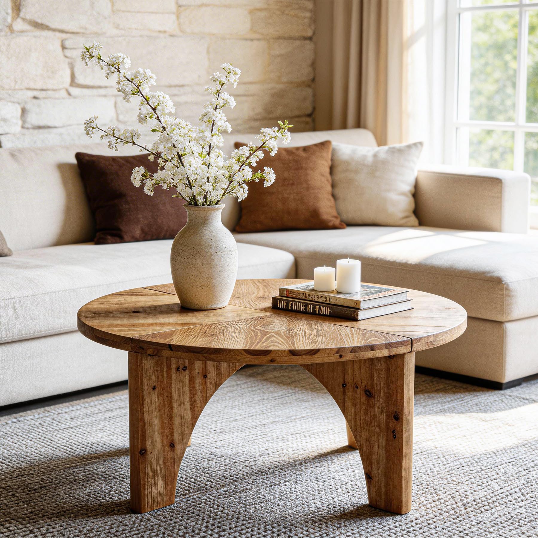 31 5-Inch Solid Wood Round Coffee Table Farmhouse Center Table with Curved Legs Circle Cocktail Tea Table for