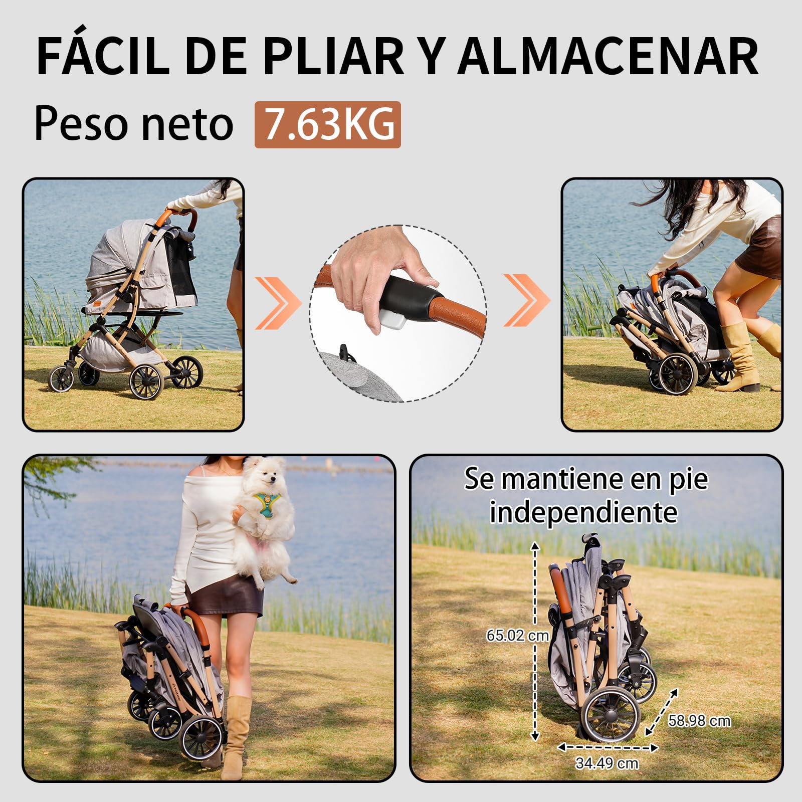 EchoSmile Carrito para Perros y Gatos Plegable con un Botón, Carro Perro 20 kg, Coche para Perros con Mango Reversible, Absorción de Impactos y Almohadilla Lavable Extraíble (Gris)