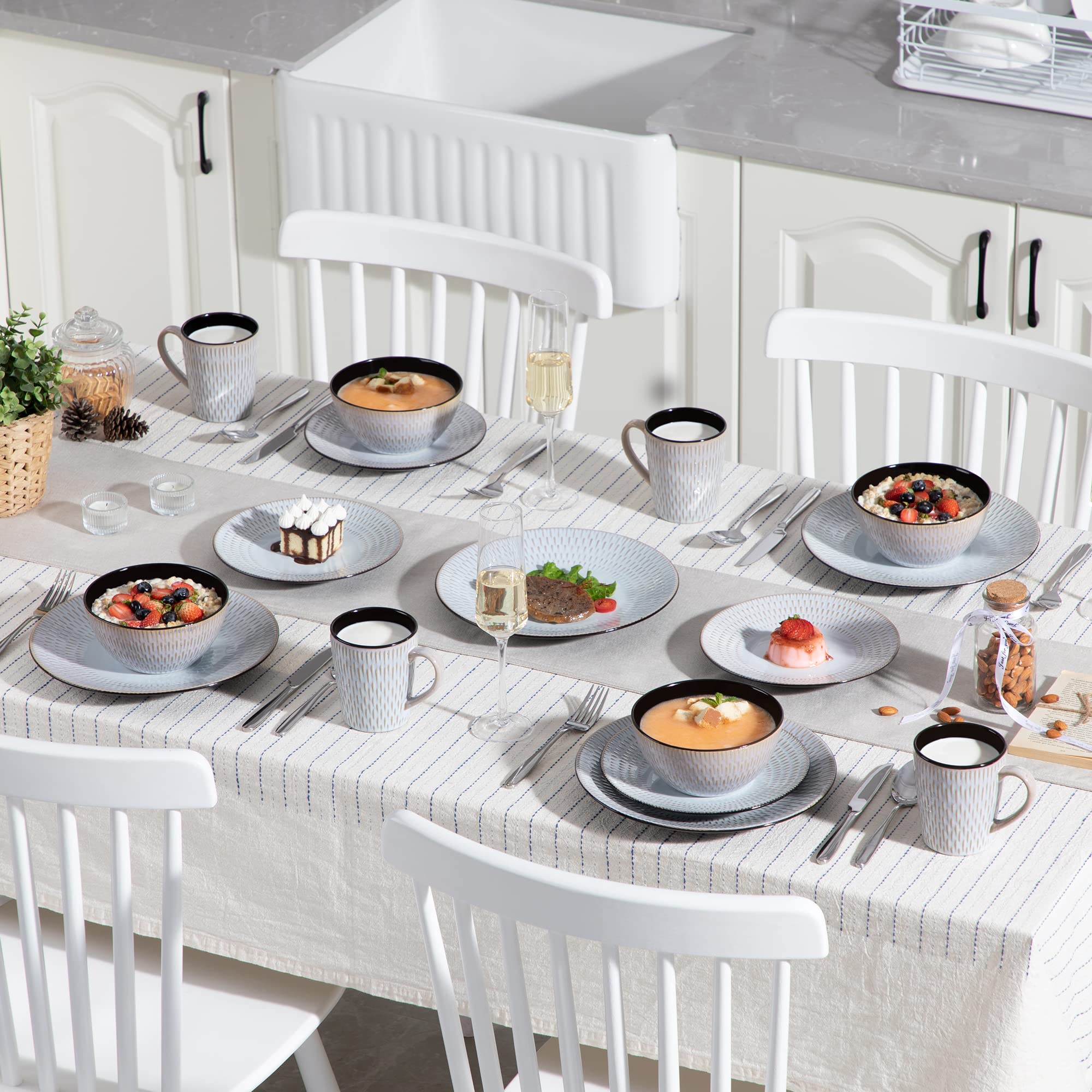 vancasso serie Pluvo Vajillas Completas de Cerámica 48 pcs con 12 Tazas/Tazones y Platos de Postre, Platos Llanos, para 12 Personas, Diseño de Línea de Lluvia en Relieve Vajilla Vintage- Gris
