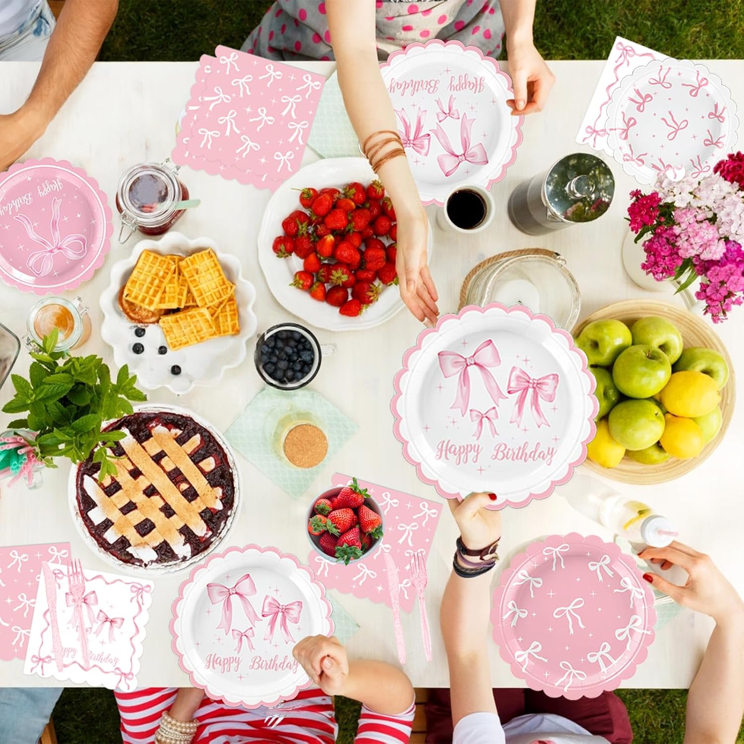 Pink Bow Birthday Decorations Include Plates, Napkins, Cups, Cutlery, Banner, Hanging Swirls, Cake & Cupcake Toppers, Balloons, Tablecloths for Coquette Birthday Decorations, Serves 20 - Image 5