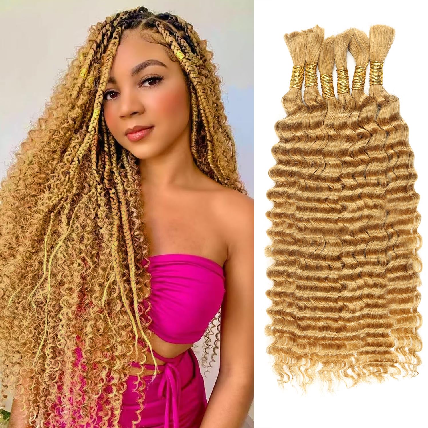 150g 20 Inch Human Hair Extensions for Boho Braids, Wet and Wavy Amazon.com : Honey Blonde Human Braiding Hair for Boho  main image 3