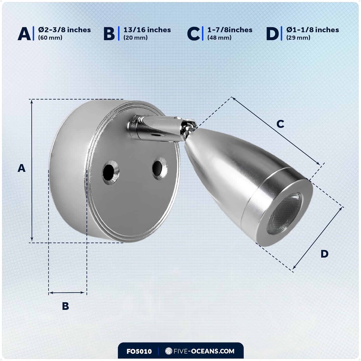 Five Oceans LED Reading Light with Touch Dimmer on Base/Housing/Swivel, USB-C, Dual-Color Warm White & Blue, Silver Housing, 200LM, 10-28V, RV Interior Lights, Boats - FO5010