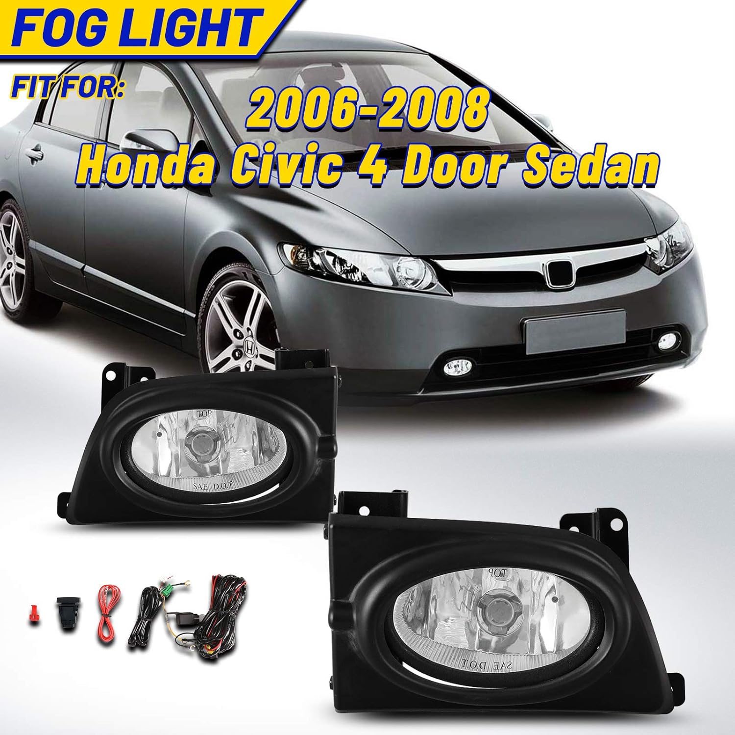 Fog Lights for Honda Civic Sedan 4 Door 2006 2007 2008 with H11 12V55W Bulbs Fog Lamps Assembly Replacement Included Wiring Kits & Switch- 1 Pair (Clear Glass Lens)