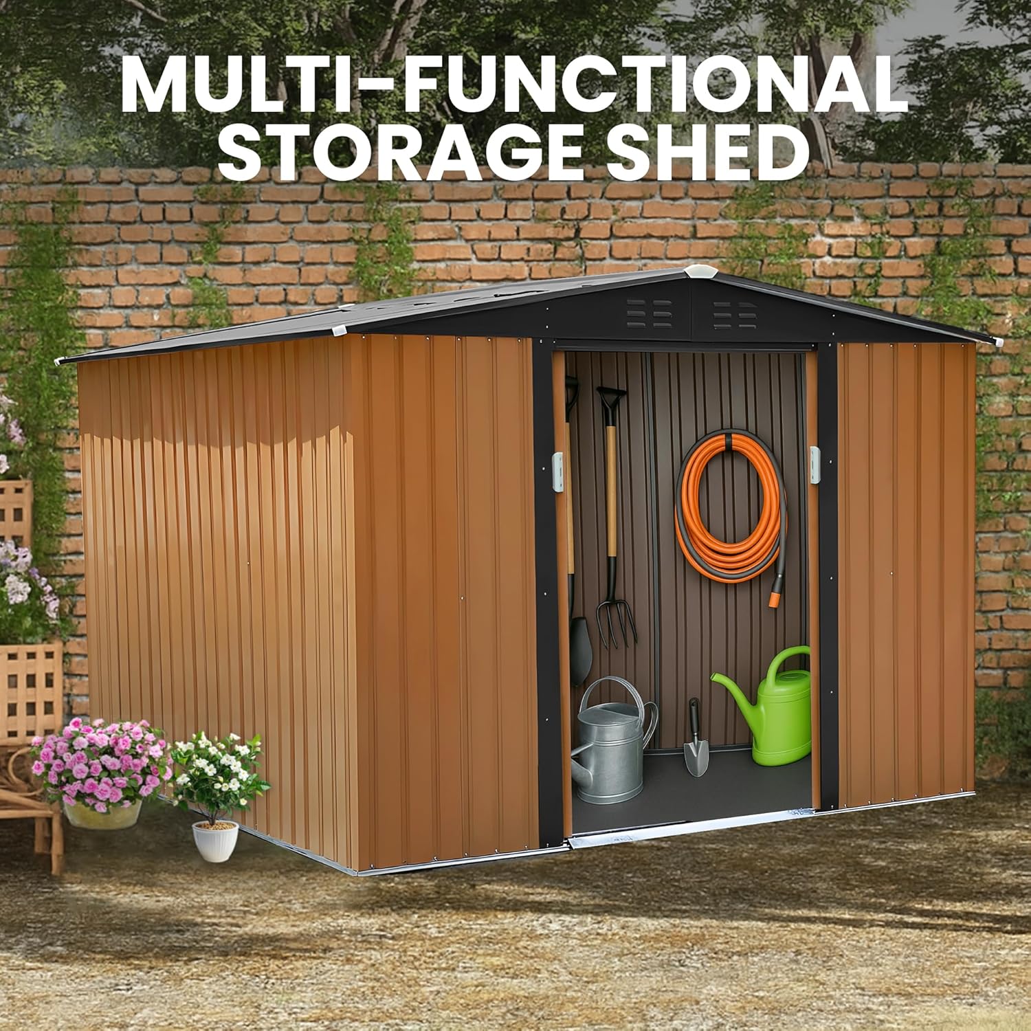 8x6 FT Outdoor Storage Shed with Updated Frame & Lockable Door, No Floor Metal Garden Shed for Tool & Bike Storage, All-Weather Steel Shelter for Backyard, Coffee