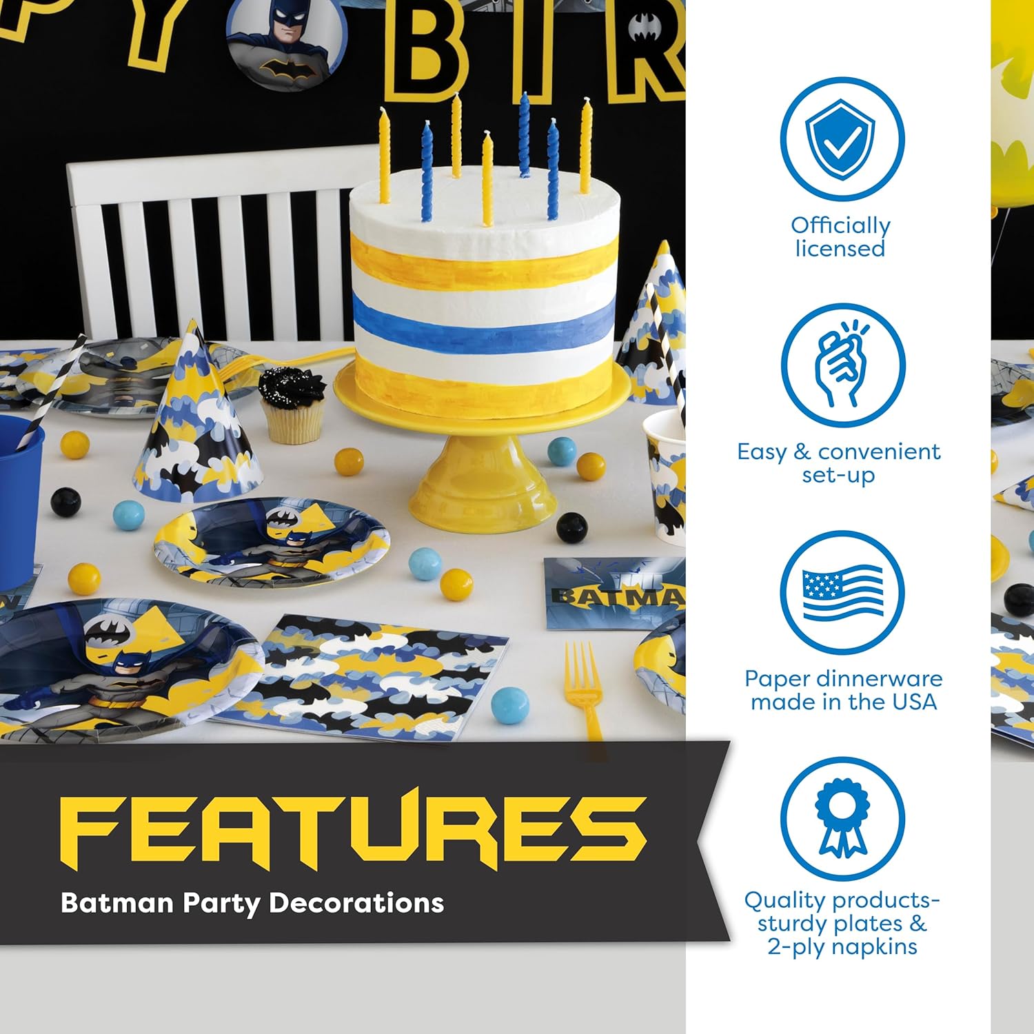 Batman Birthday Decorations and Party Supplies | Serves 16 | Masks, Tattoos, Banner, Tablecloth, Plates, Napkins, Sticker | Officially Licensed