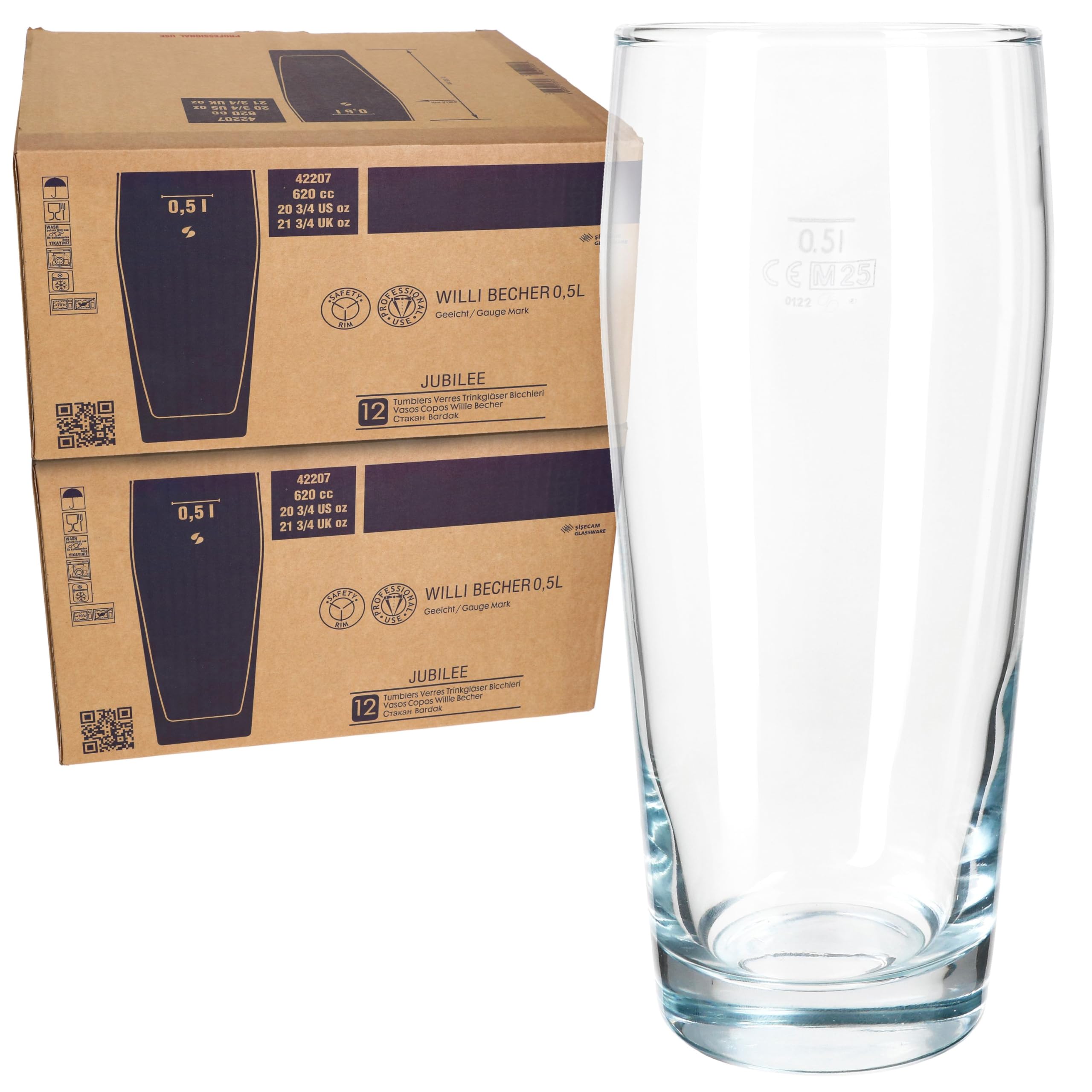 MamboCat Lot de 24 gobelets à bière, 0,5 l, en verre transparent avec trait de repère - Pour bière, eau, cocktails et boissons gazeuses - Idéal pour les restaurants, les bars et les restaurants