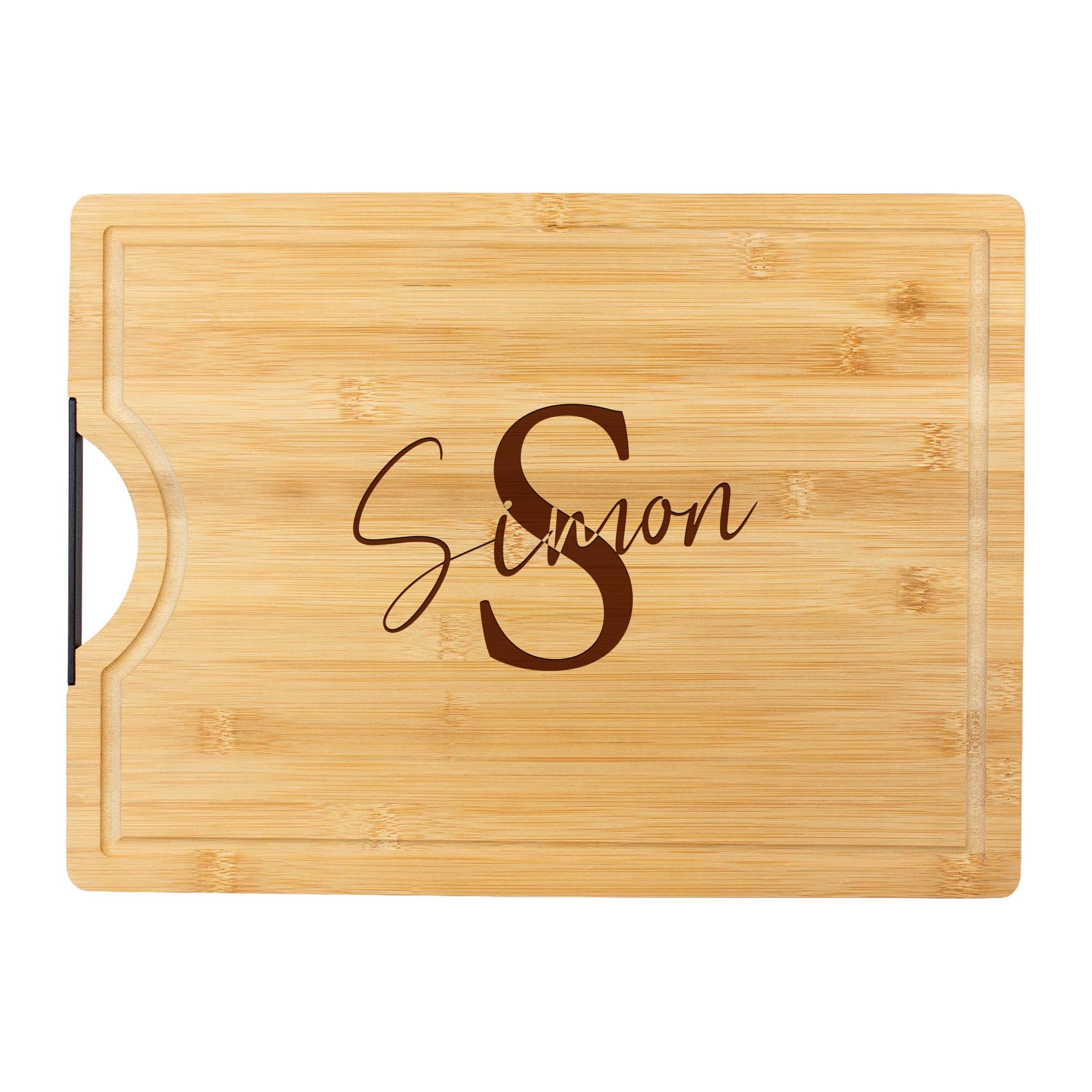 AMAVEL Schneidebrett aus Bambus mit Metallgriff, Personalisiertes Küchenbrett mit Gravur, Initial Signatur, Servierbrett zum Grillen, Holz Grillbrett, Brotzeitbrett mit Saftrille