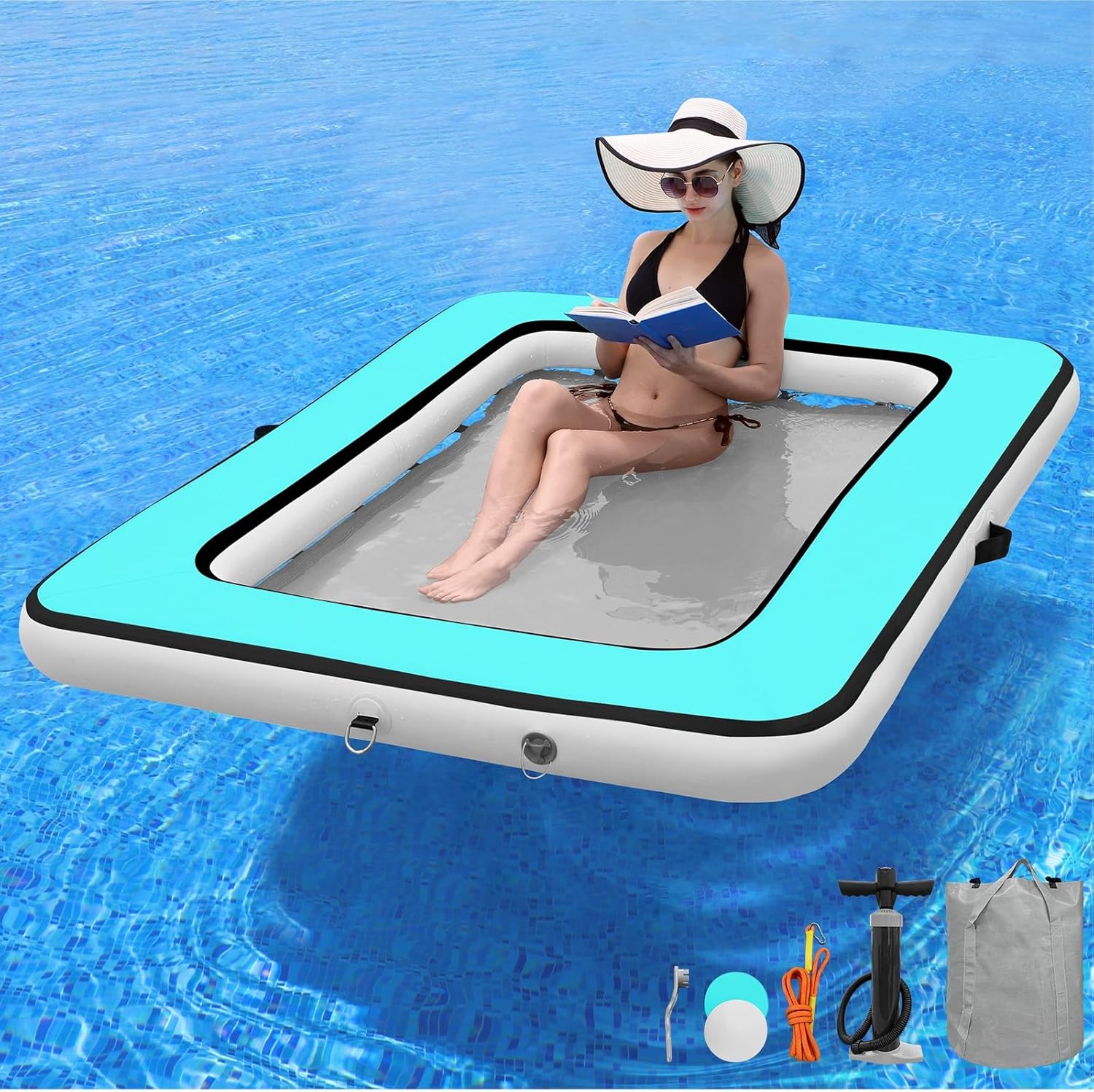 Rectangle Floating Ring 6FT/6.6FT Inflatable Water Hammock Pool Floats Adult Lounger Float Floating Island Raft Platform Tanning Pool for Family Pool Ocean River Sunbathing