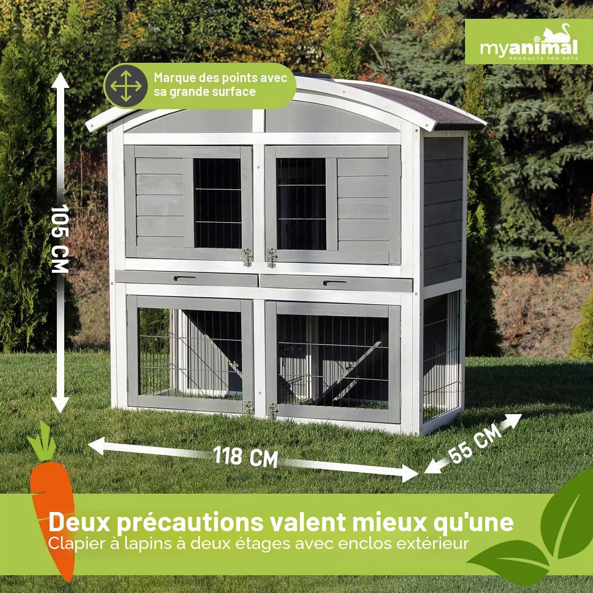 Miweba Clapier my animal MH-33 XXL Maison à Deux étages - Cage à Lapin - Bois de pin - Multifonctionnel - Résistant à l'hiver - 2 Niveaux