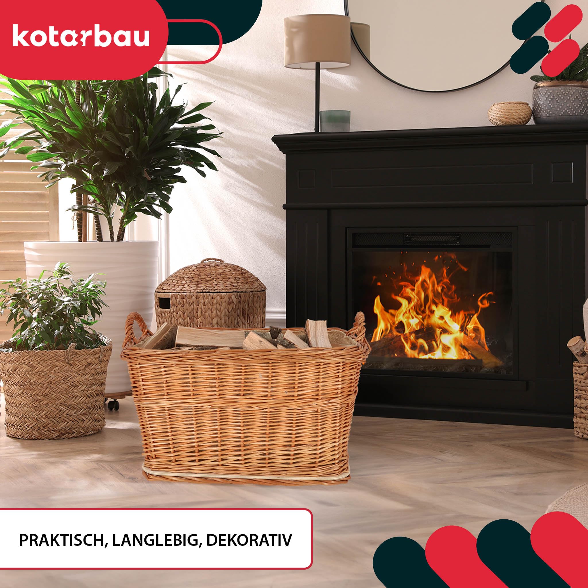 KOTARBAU® Weidenkorb für Brennholz - Holzkorb für Kaminholz - Erntekorb - 60x50 cm - Kaminholzkorb mit Henkel - Holz Tragekorb - Brennholzkorb - Weide - Natürlich - Naturfarbe