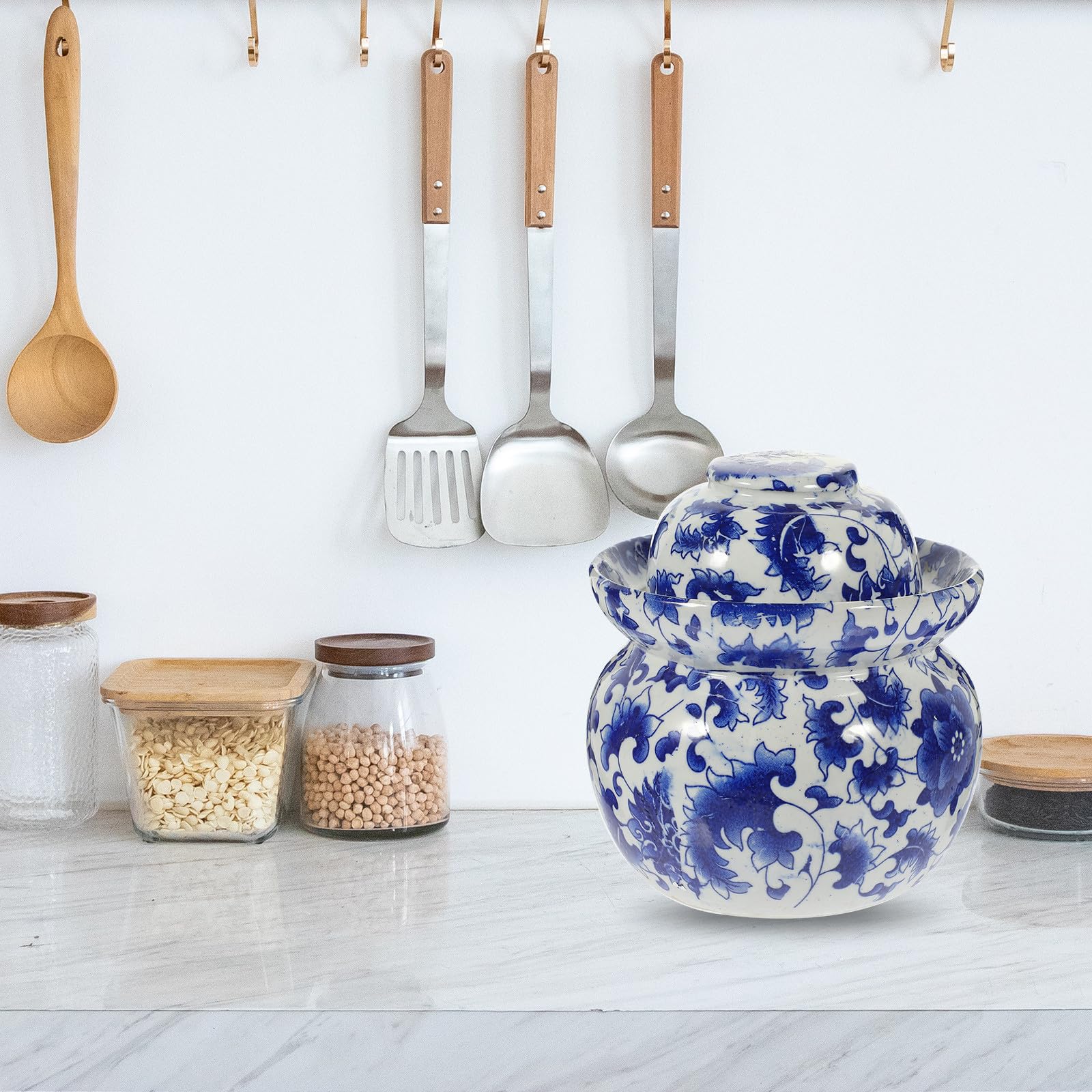 Tarro Adecuado para Almacenar Alimentos Tapa Hermética para Encurtidos de Cerámica y Sello Hermético, Recipiente Azul y Fermentados Hogar