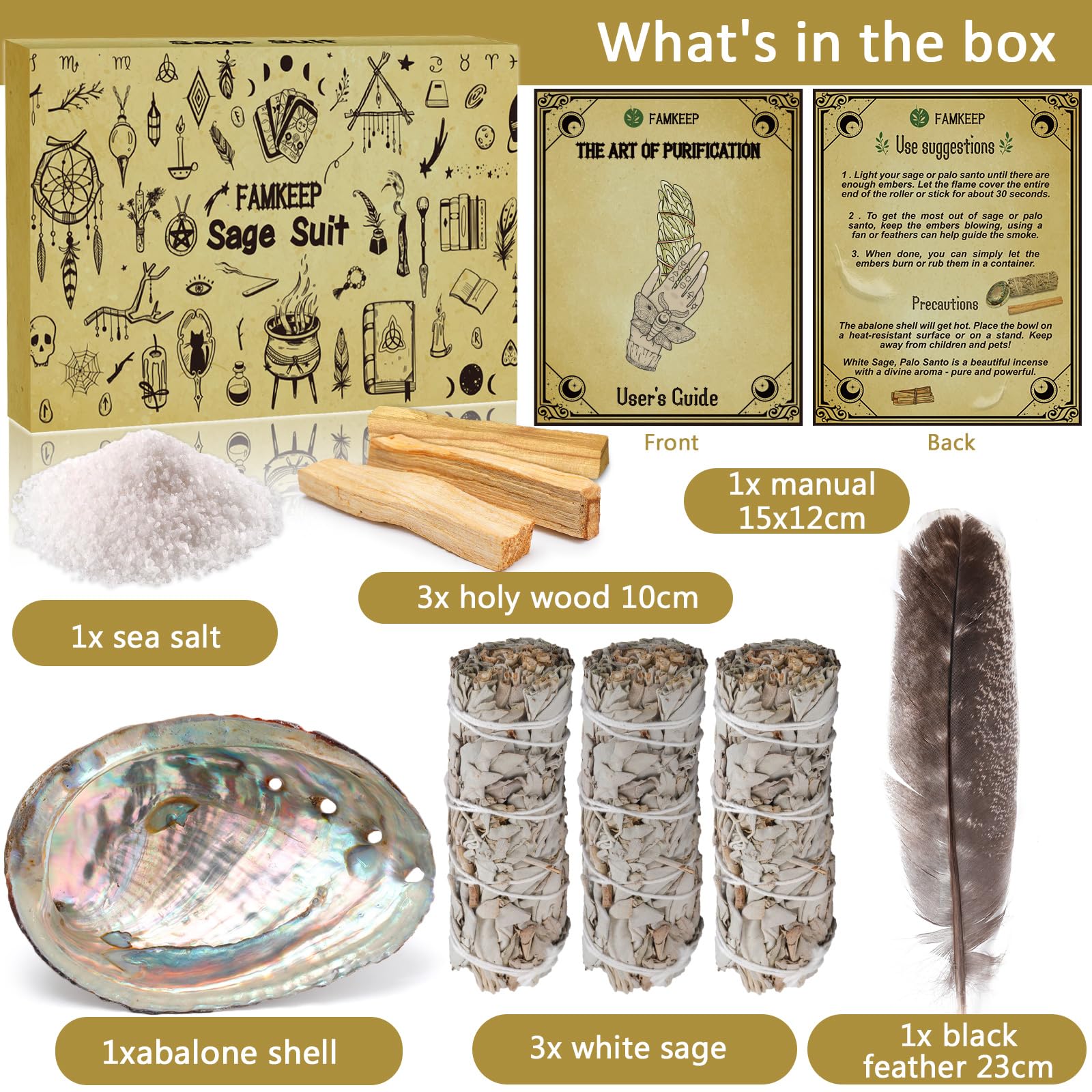 FAMKEEP White Sage Palo Santo Coquillage d'ormeau Encens Naturel Nettoyage énergétique Anti Stress méditation