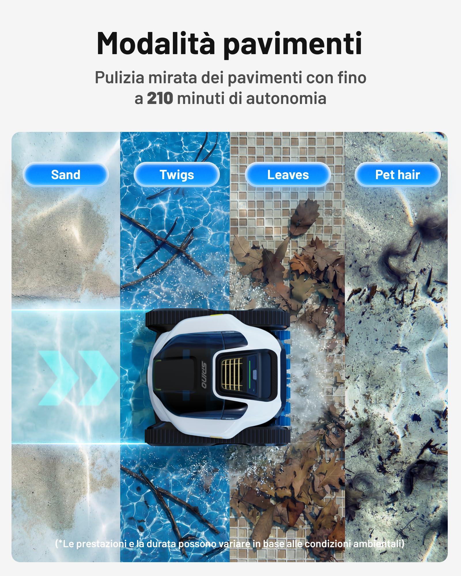 Spino E1 Robot Piscina Fondo e Parete Linea Acqua, Autonomia di 210 Min
