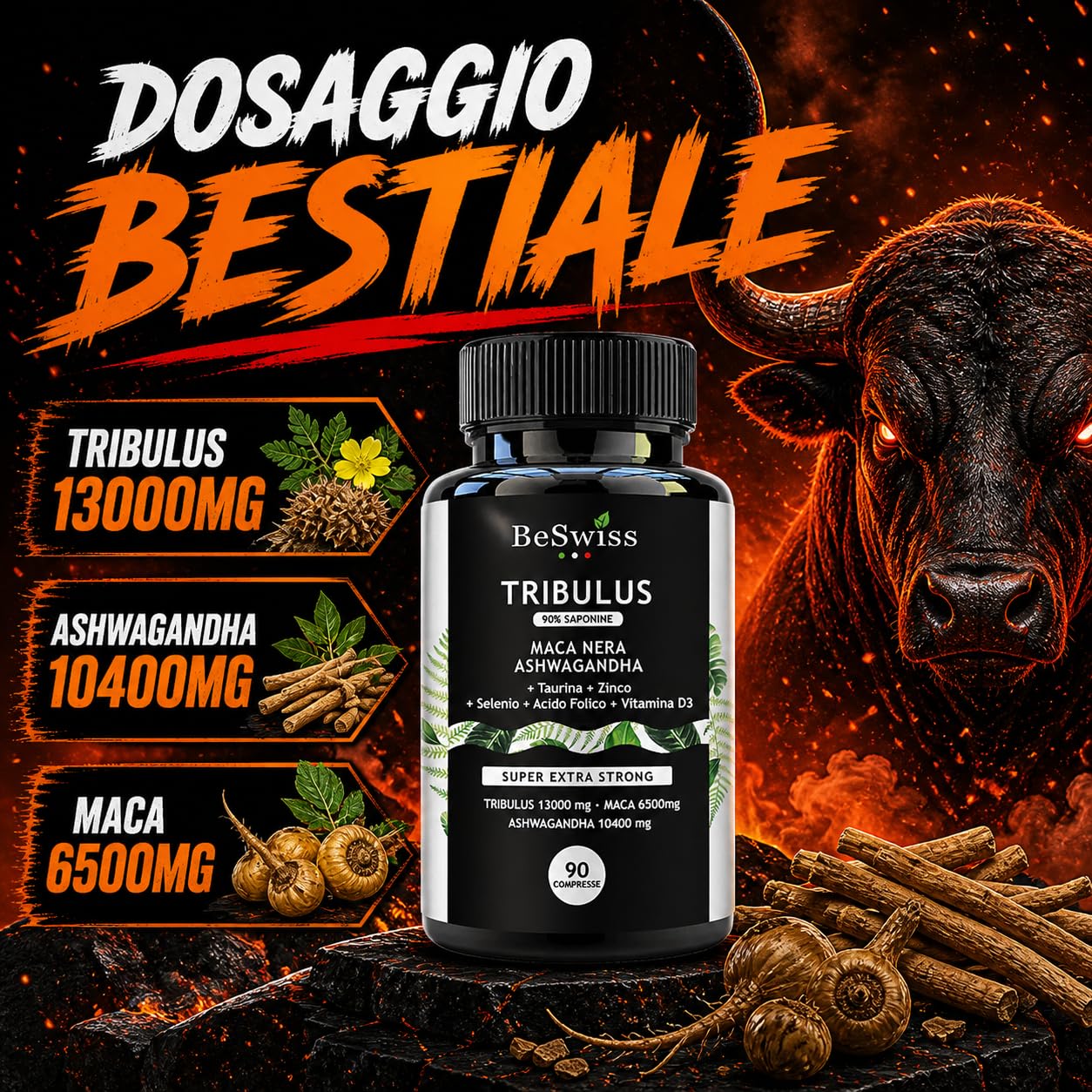 Tribulus, Maca e Ashwagandha - Alto Dosaggio | 120 Capsule con Zinco, Selenio e Vitamina D3