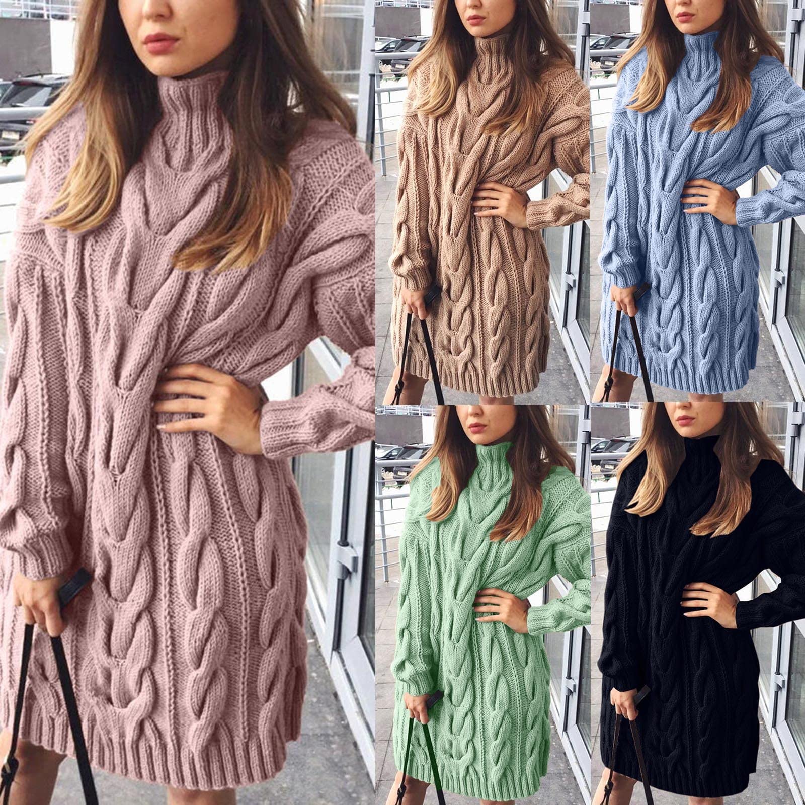 Abito da donna, elegante, lavorato a maglia grossa, collo alto, slim bodycon, mini abito lungo, maglione elasticizzato, casual, a maglia, mini abito a tunica