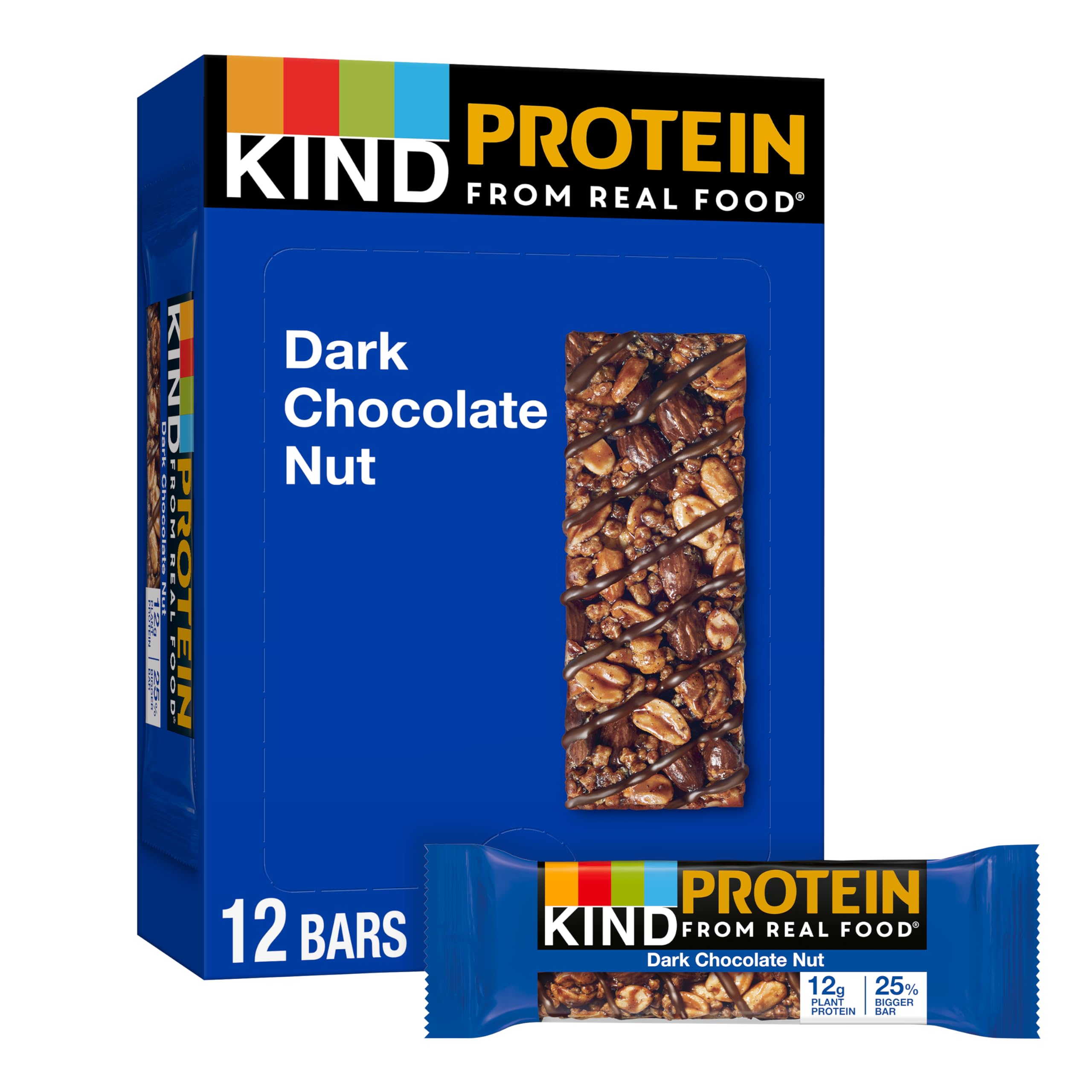 KIND Protein Snack Bar, Dark Chocolate Nut, Healthy Snacks, Gluten Free, 12g Plant Protein, 12 Count