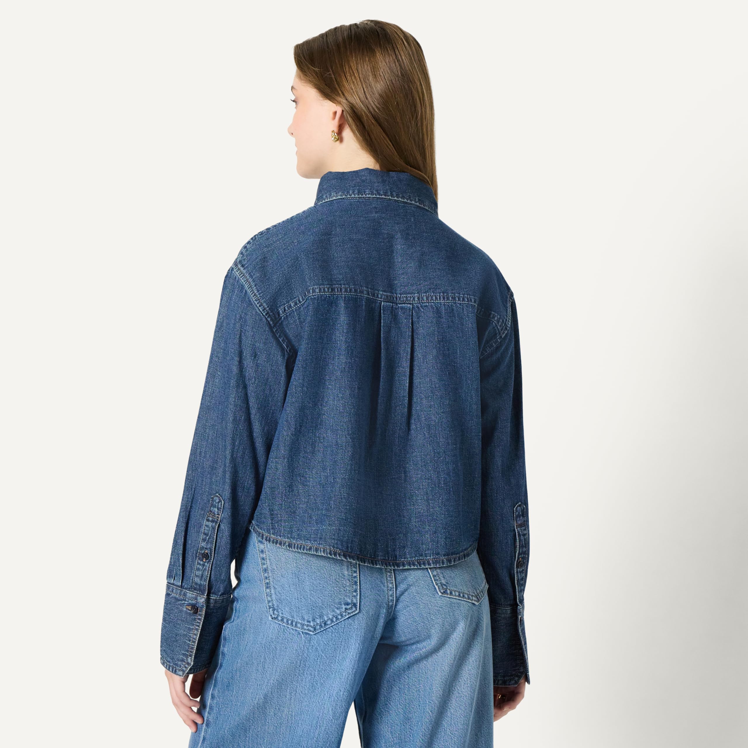 Amazon Essentials Camicia Button Down in Denim Corta, Vestibilità Oversize Moderna Donna
