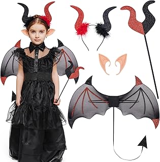 DPKOW Red White Devil Fancy Dress Halloween Costume Wings Devil and Devil Horns Headband Pixie Elf Ears for Halloween