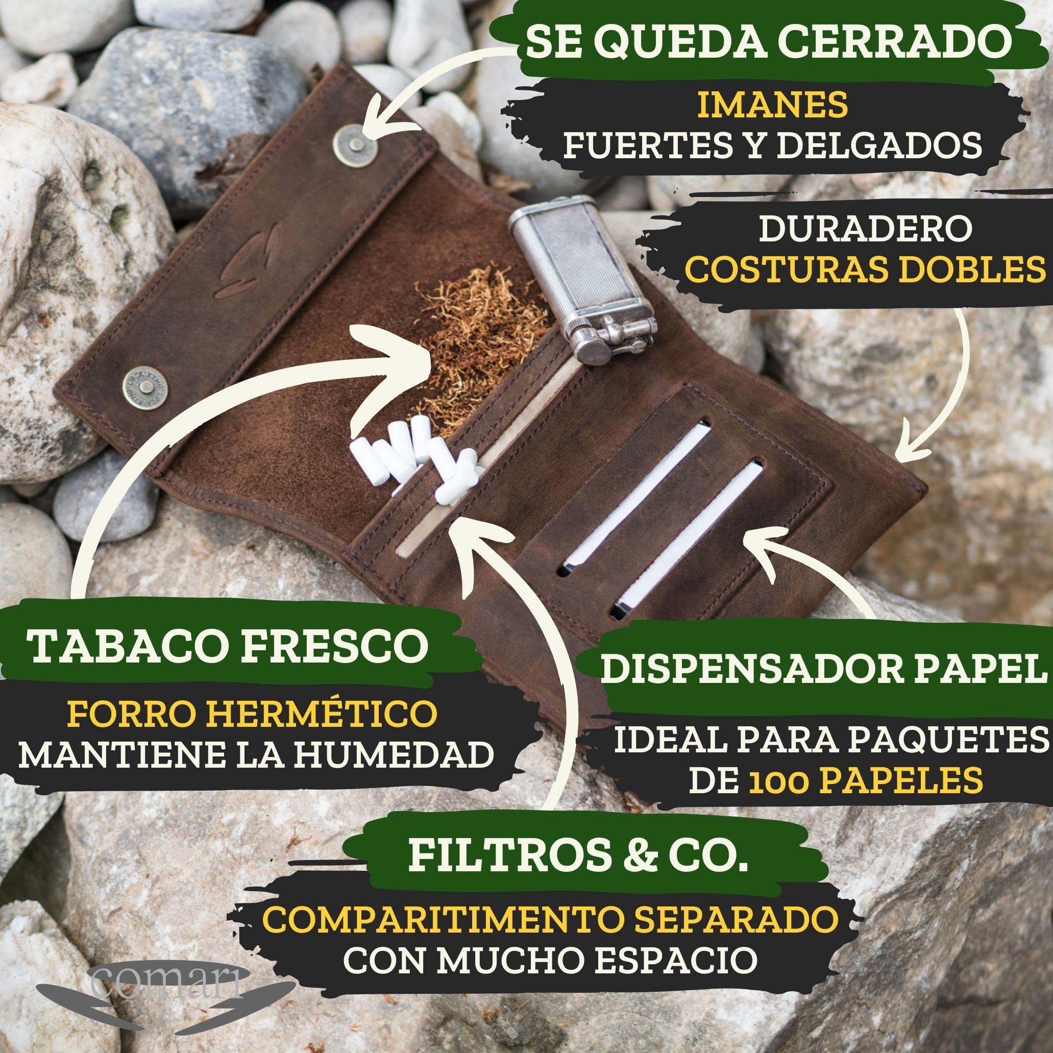 Premium Pitillera Tabaco de Liar Cuero, Bolsa de tabaco con Botones Magnéticos, Papel de Doble Fila y Filtros, Tabaquera Hecha a Mano (Marrón Vintage)