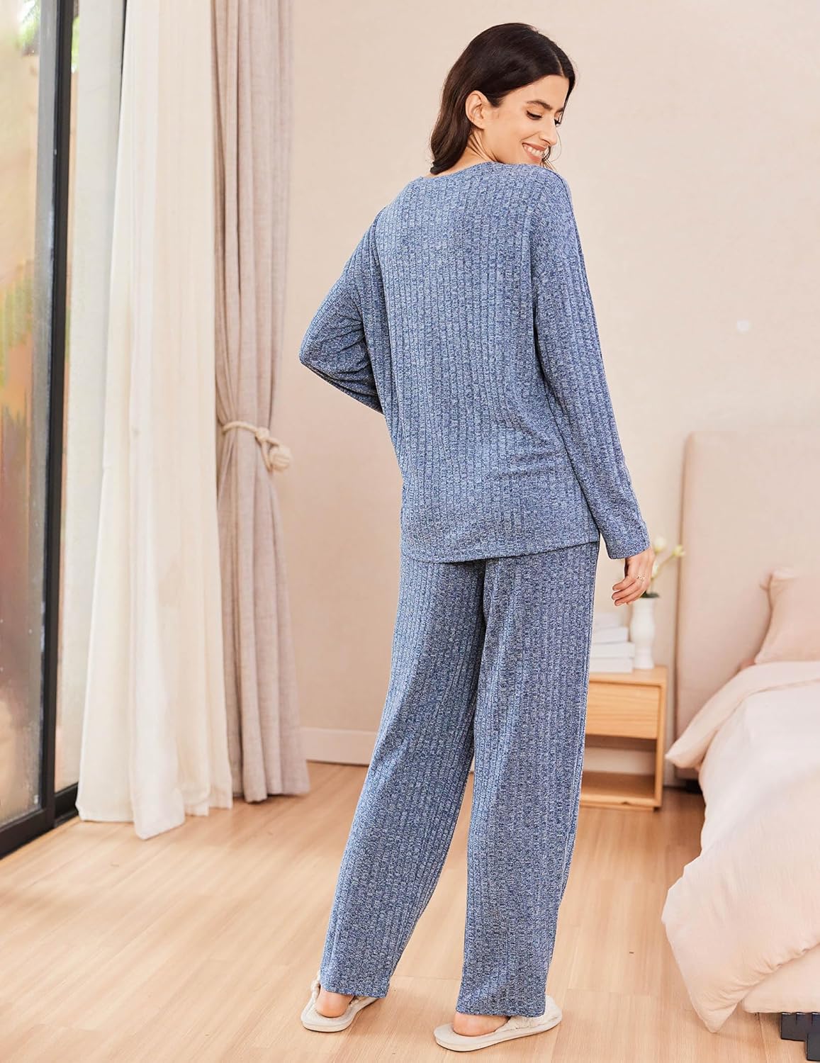 Ekouaer Womens Ribbed Knit Lounge Set Long Sleeve Henley Neck Top and Long Pants Two Piece Soft Sleepwear Matching Outfits - Image 2