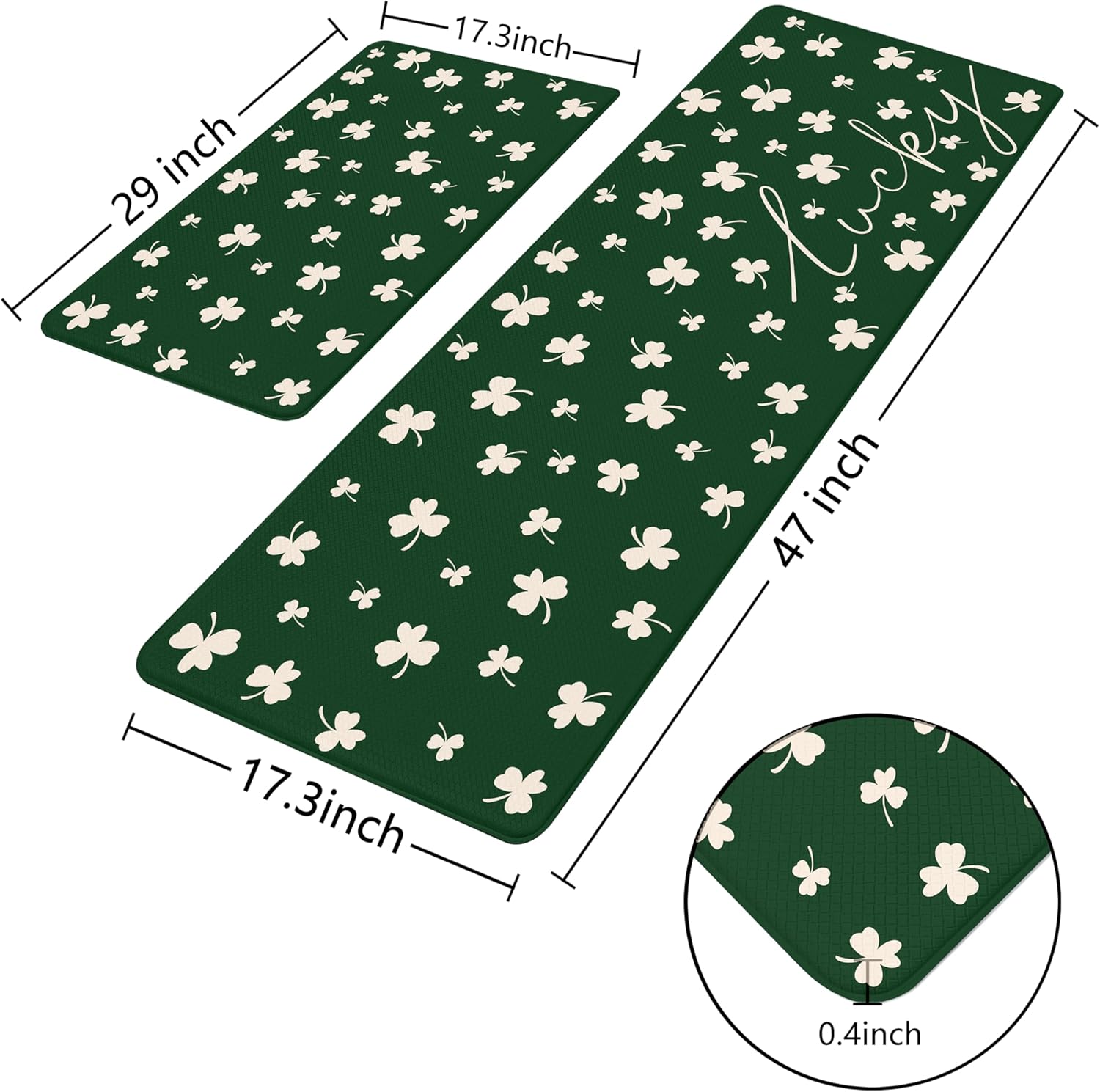 Happy St. Patrick's Day Lucky Clovers Green Kitchen Rug Sets [2 PCs], Anti-Fatigue, Waterproof Non-Slip Kitchen Mats Heavy Duty Comfort Foam Rug for Kitchen, Floor, Home, Laundry,17.3"x29"+17.3"x47"