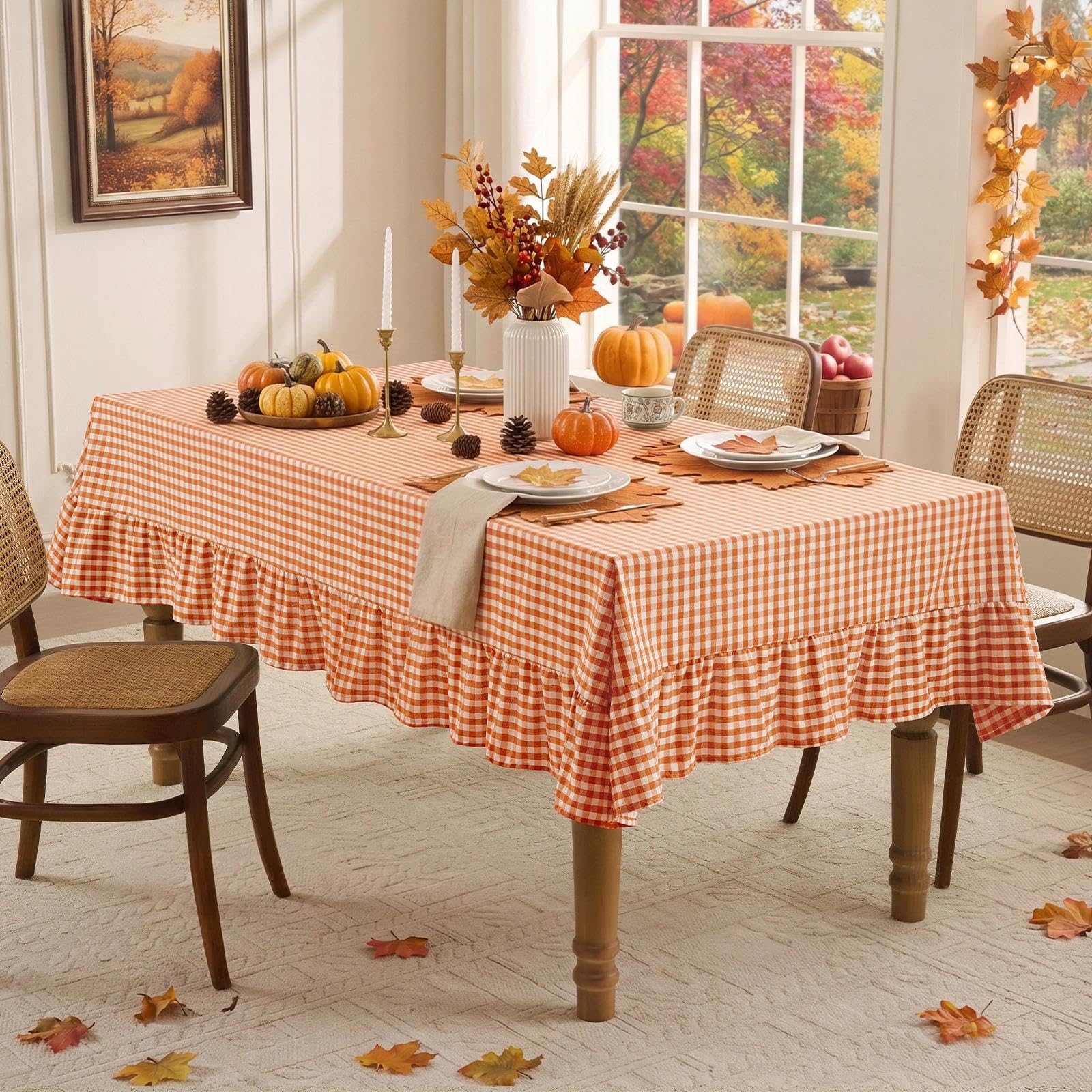 Orange Gingham Tablecloth - Ruffled Rectangle -2