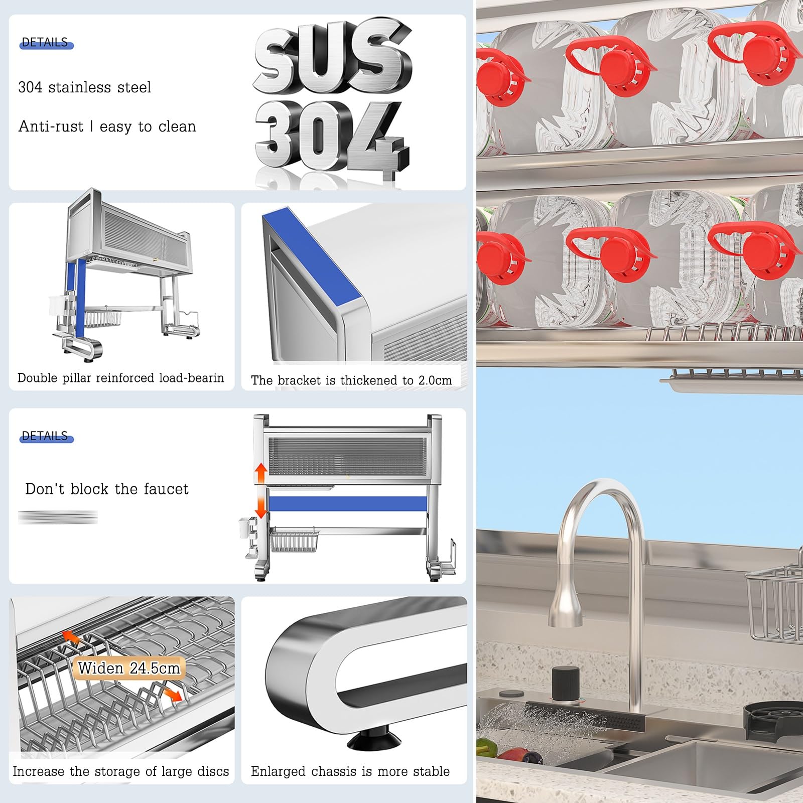 Escurridor de platos en acero inoxidable macizo,Organizador multifuncional | Para fregadero con accesorios modulares y alta resistencia al peso(30"/77cm)