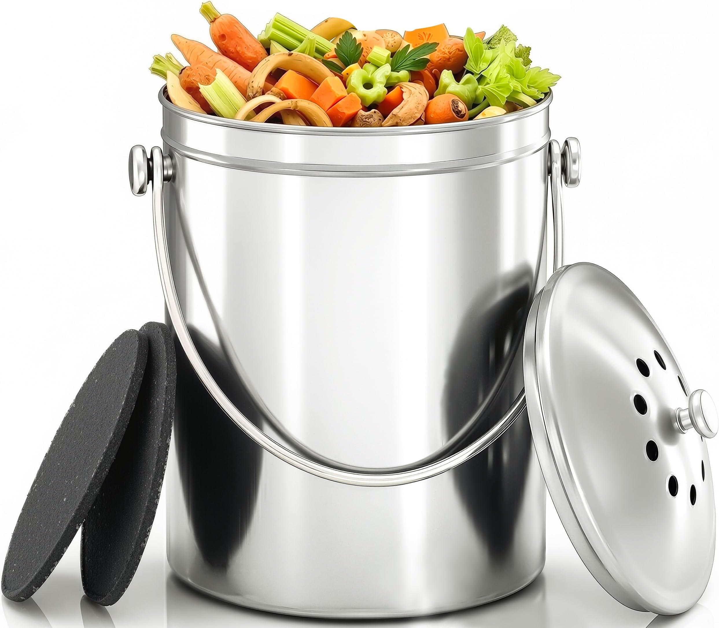 Premium Quality Stainless Steel Compost Bin 1.3 Gallon, Includes Charcoal Filter - Utopia Kitchen