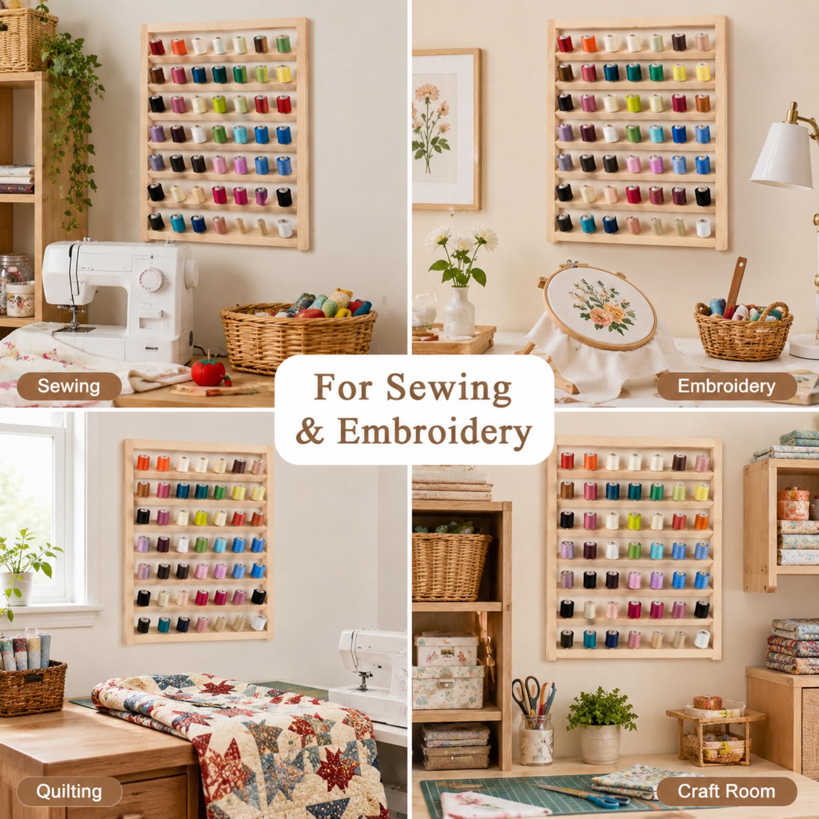 Support de fil à 48 bobines avec crochet de suspension, support mural en bois pour broderie, tressage de cheveux, couture, bricolage, bobine de broderie écologique
